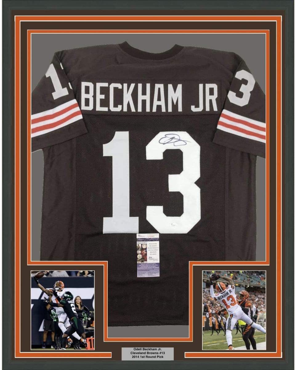 Framed Autographed/Signed Odell Beckham Jr. 35x39 Cleveland Retro Brown Football Jersey JSA COA
