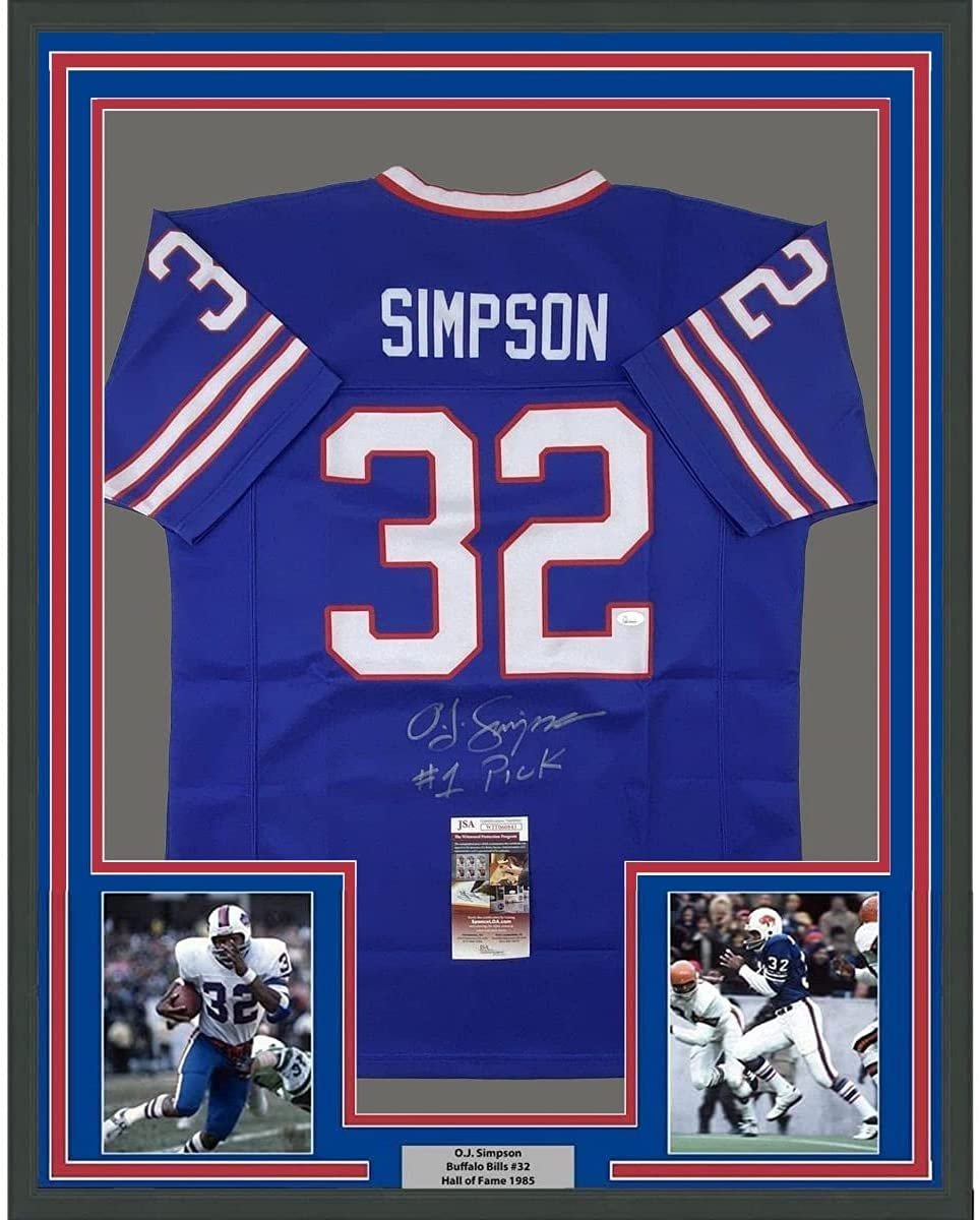 Framed Autographed/Signed OJ O.J. Simpson 35x39#1 Pick Buffalo Blue Football Jersey JSA COA
