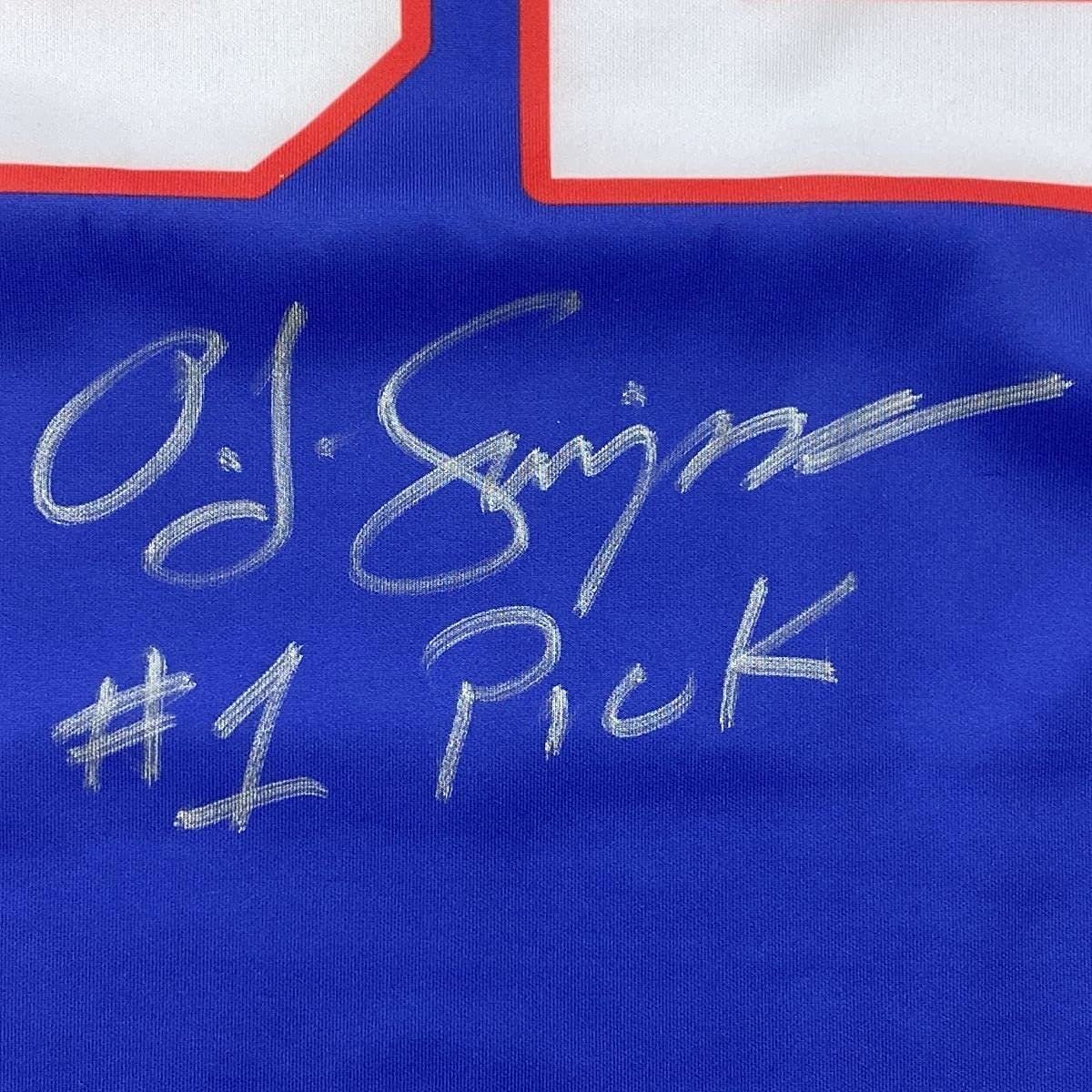 Framed Autographed/Signed OJ O.J. Simpson 35x39#1 Pick Buffalo Blue Football Jersey JSA COA