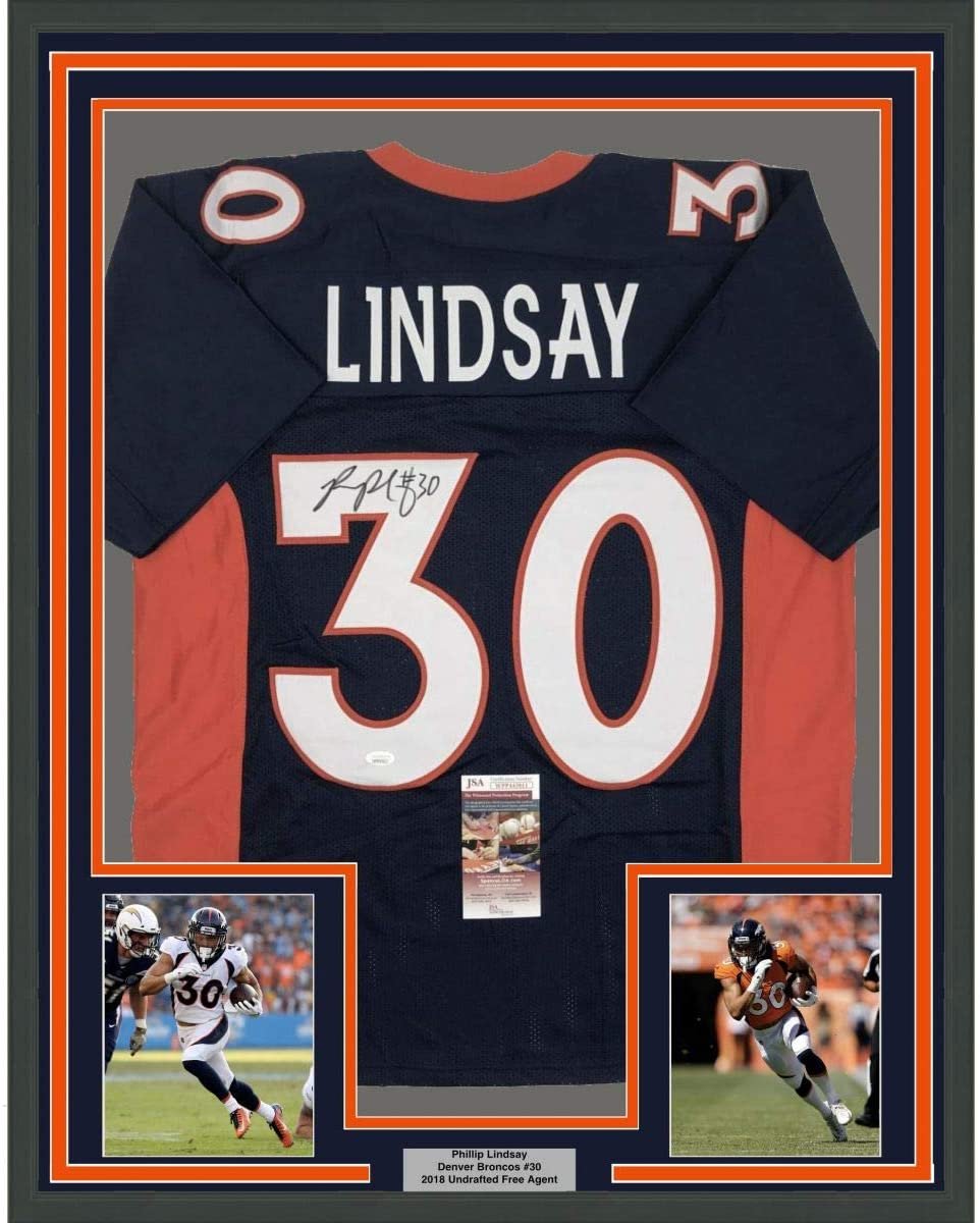 Framed Autographed/Signed Phillip Lindsay 35x39 Denver Blue Football Jersey JSA COA