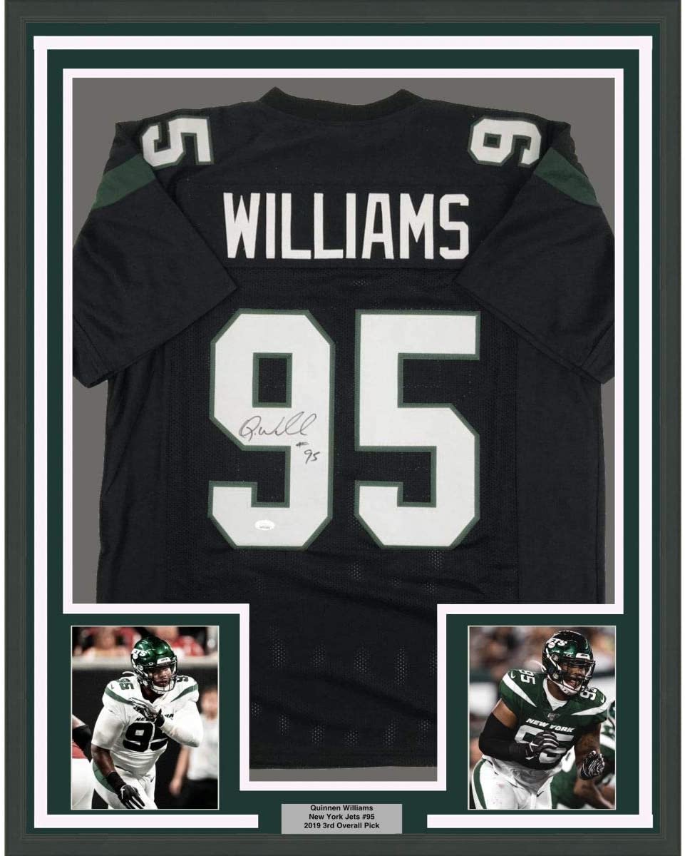 Framed Autographed/Signed Quinnen Williams 35x39 New York Black Football Jersey JSA COA