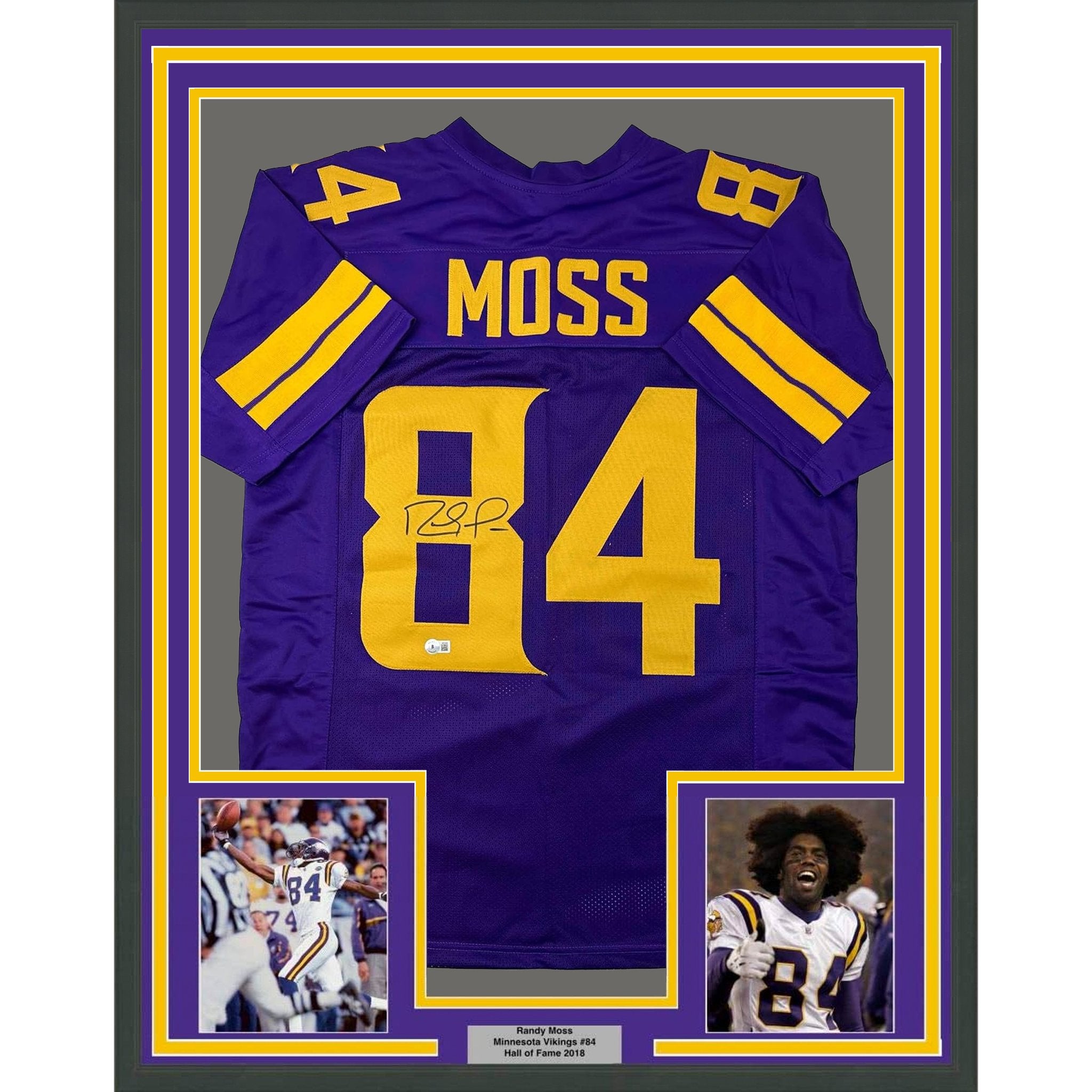 Framed Autographed/Signed Randy Moss 35x39 Minnesota Color Rush Purple Football Jersey Beckett BAS COA