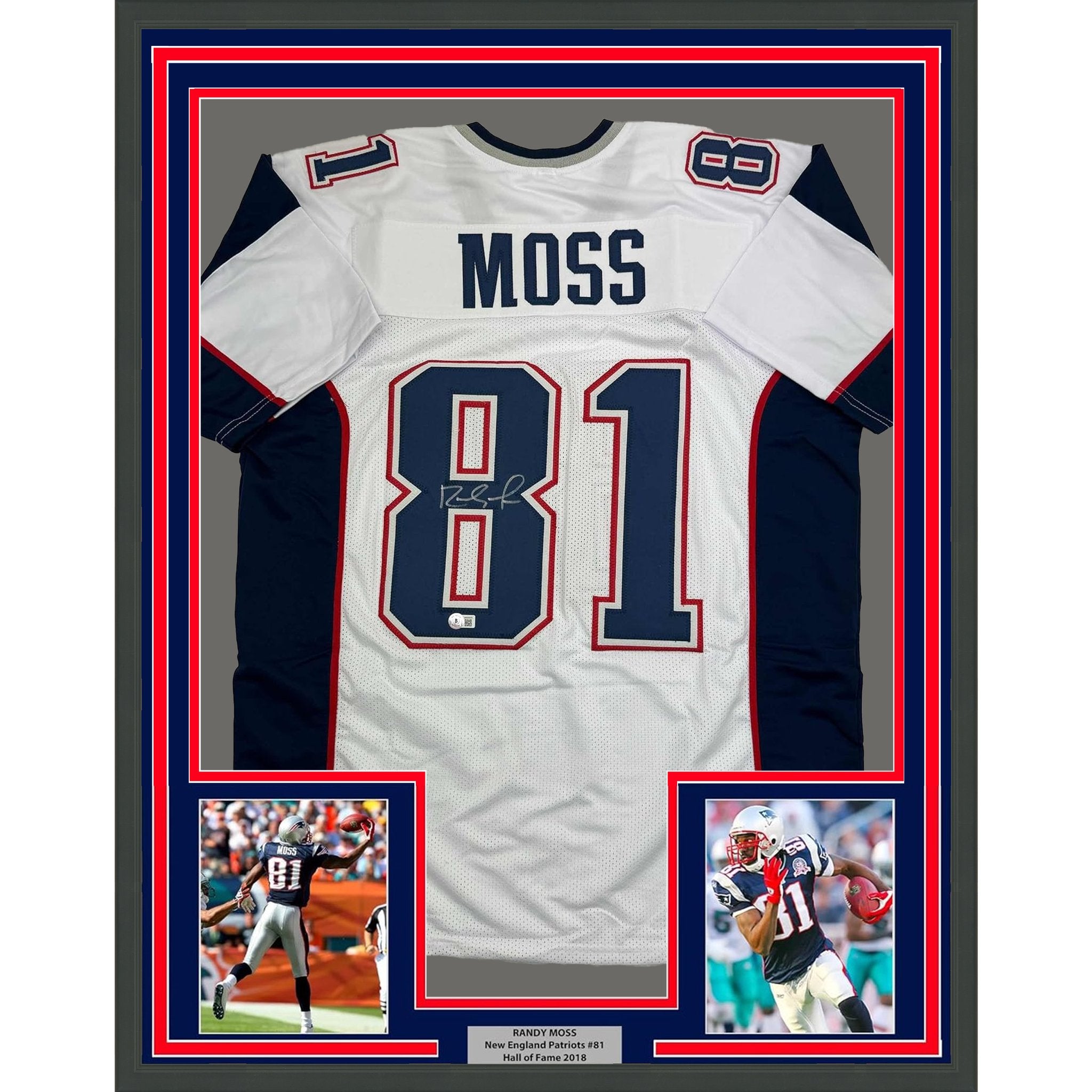 Framed Autographed/Signed Randy Moss 35x39 New England White Football Jersey Beckett BAS COA