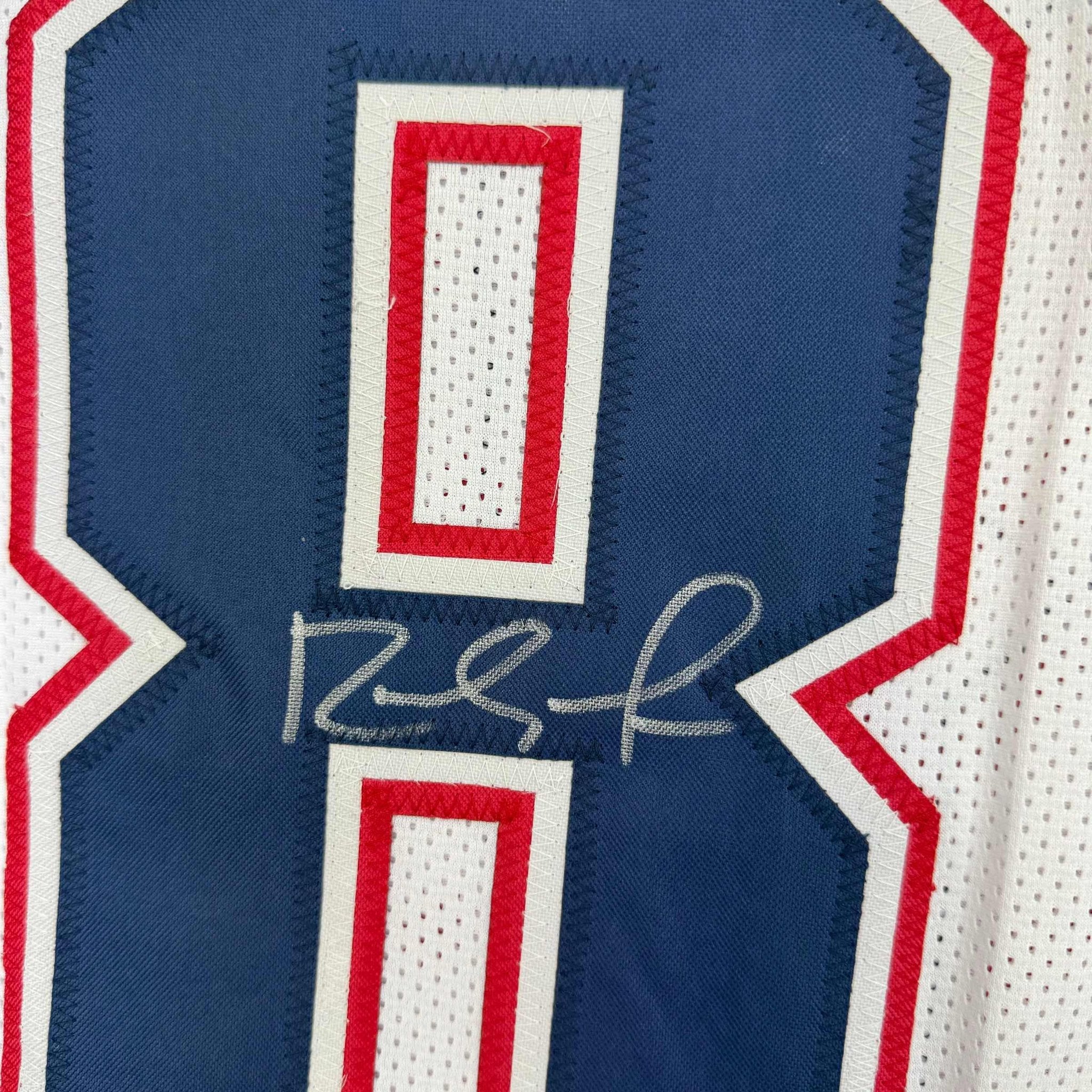 Framed Autographed/Signed Randy Moss 35x39 New England White Football Jersey Beckett BAS COA