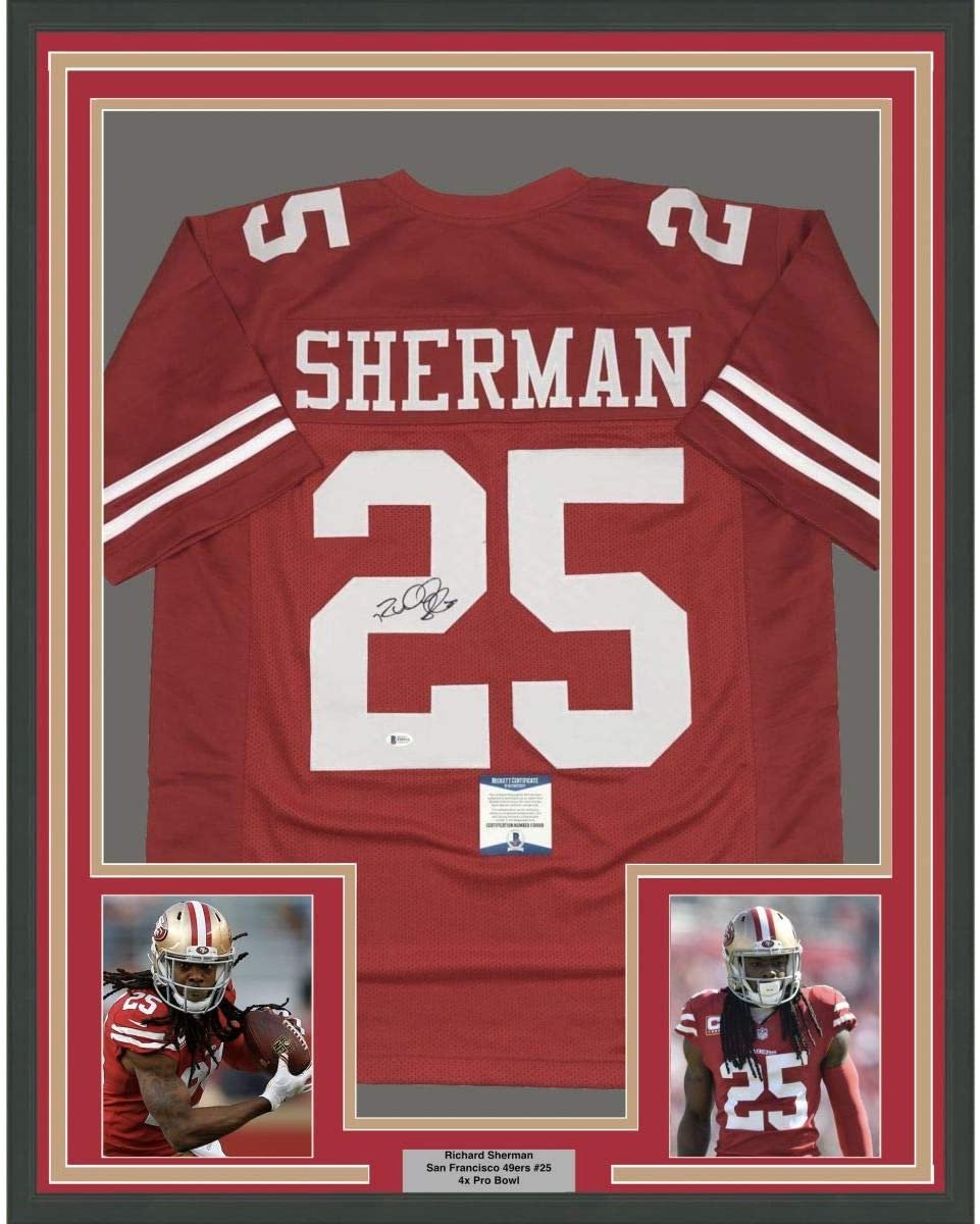 Framed Autographed/Signed Richard Sherman 35x39 San Francisco Red Football Jersey Beckett BAS COA