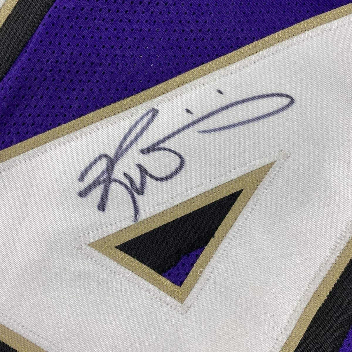 Framed Autographed/Signed Ricky Williams 35x39 Baltimore Purple Football Jersey Beckett BAS COA