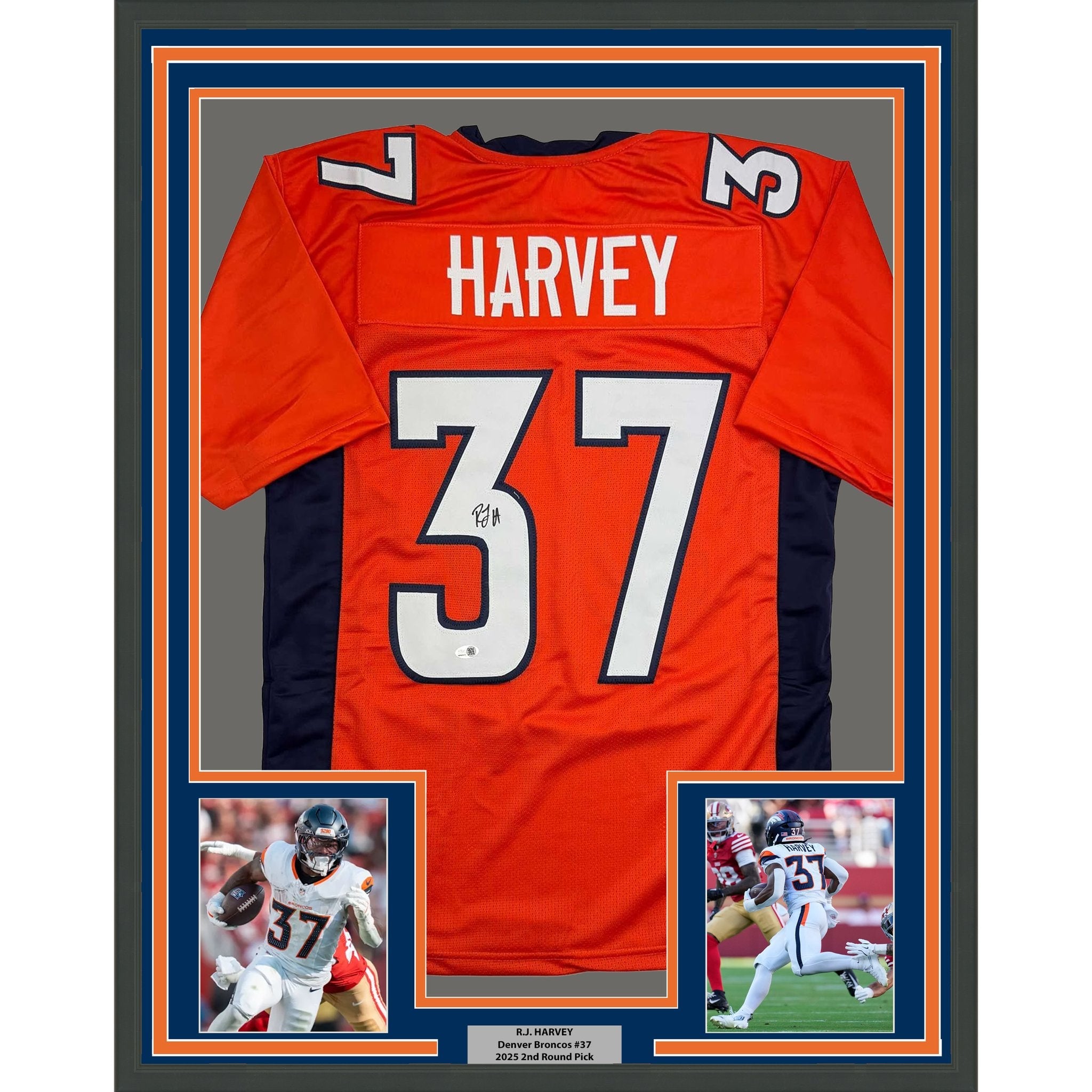 Framed Autographed/Signed R.J RJ Harvey 35x39 Denver Orange Football Jersey JSA COA