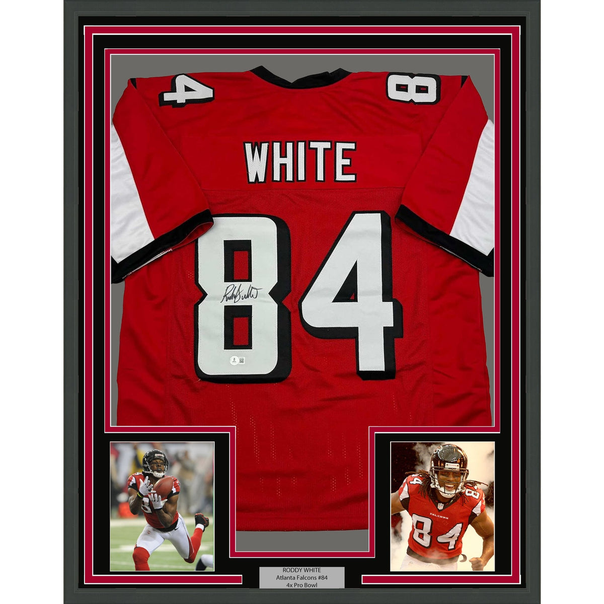 Framed Autographed/Signed Roddy White 35x39 Atlanta Red Football Jersey Beckett BAS COA