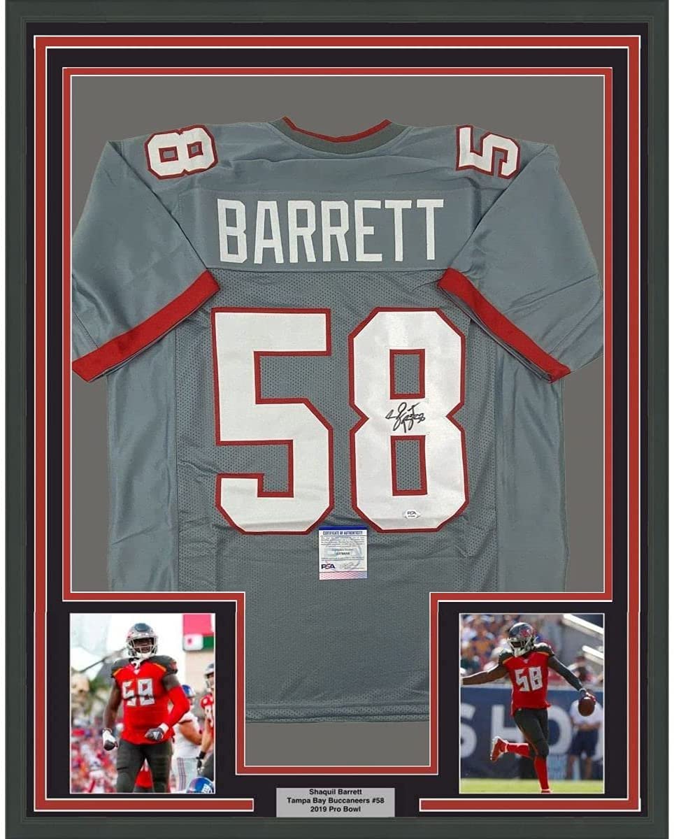 Framed Autographed/Signed Shaquil Shaq Barrett 35x39 Tampa Bay Pewter Grey Football Jersey PSA/DNA COA