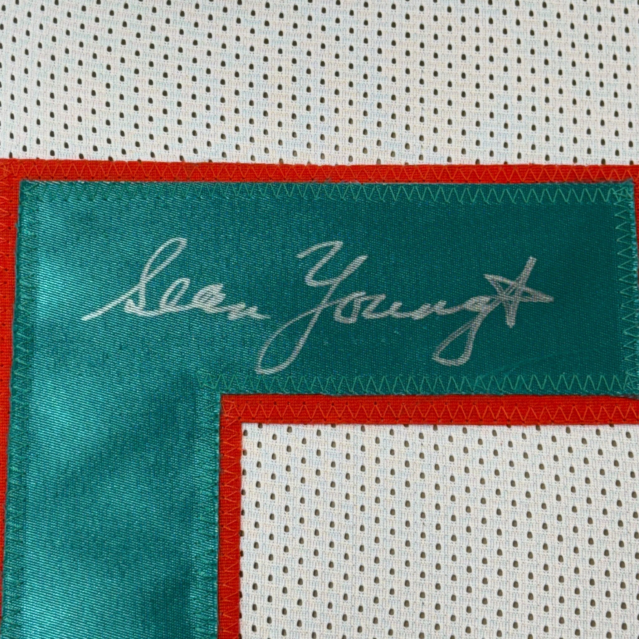Framed Autographed/Signed Sean Young 35x39 Ray Finkle Miami White Ace Ventura Movie Football Jersey PSA/DNA COA