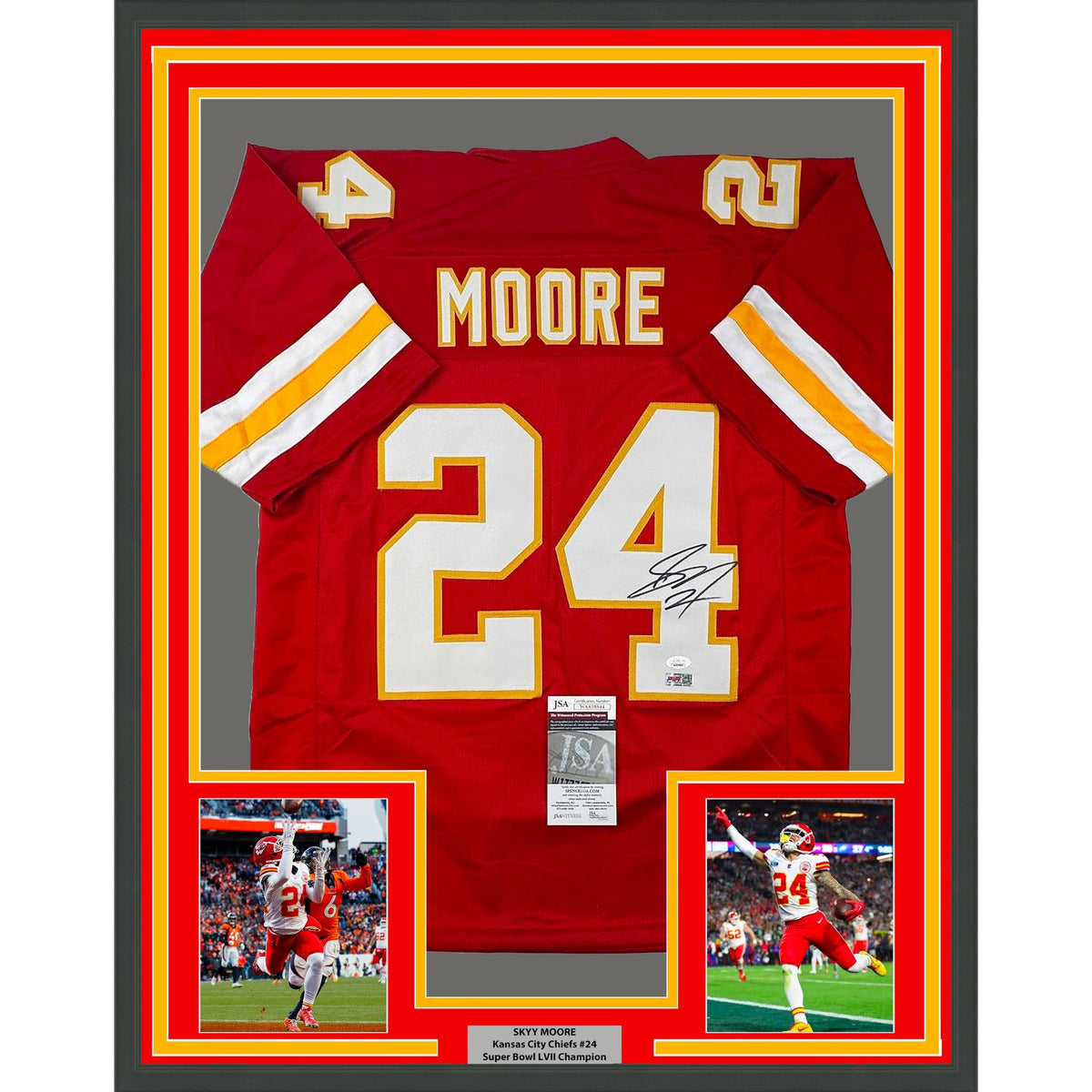 Framed Autographed/Signed Skyy Moore 35x39 Kansas City Red Football Jersey JSA COA