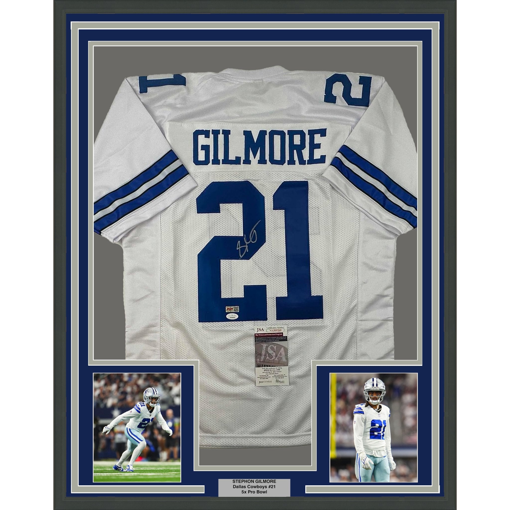 Framed Autographed/Signed Stephon Gilmore 35x39 Dallas White Football Jersey JSA COA