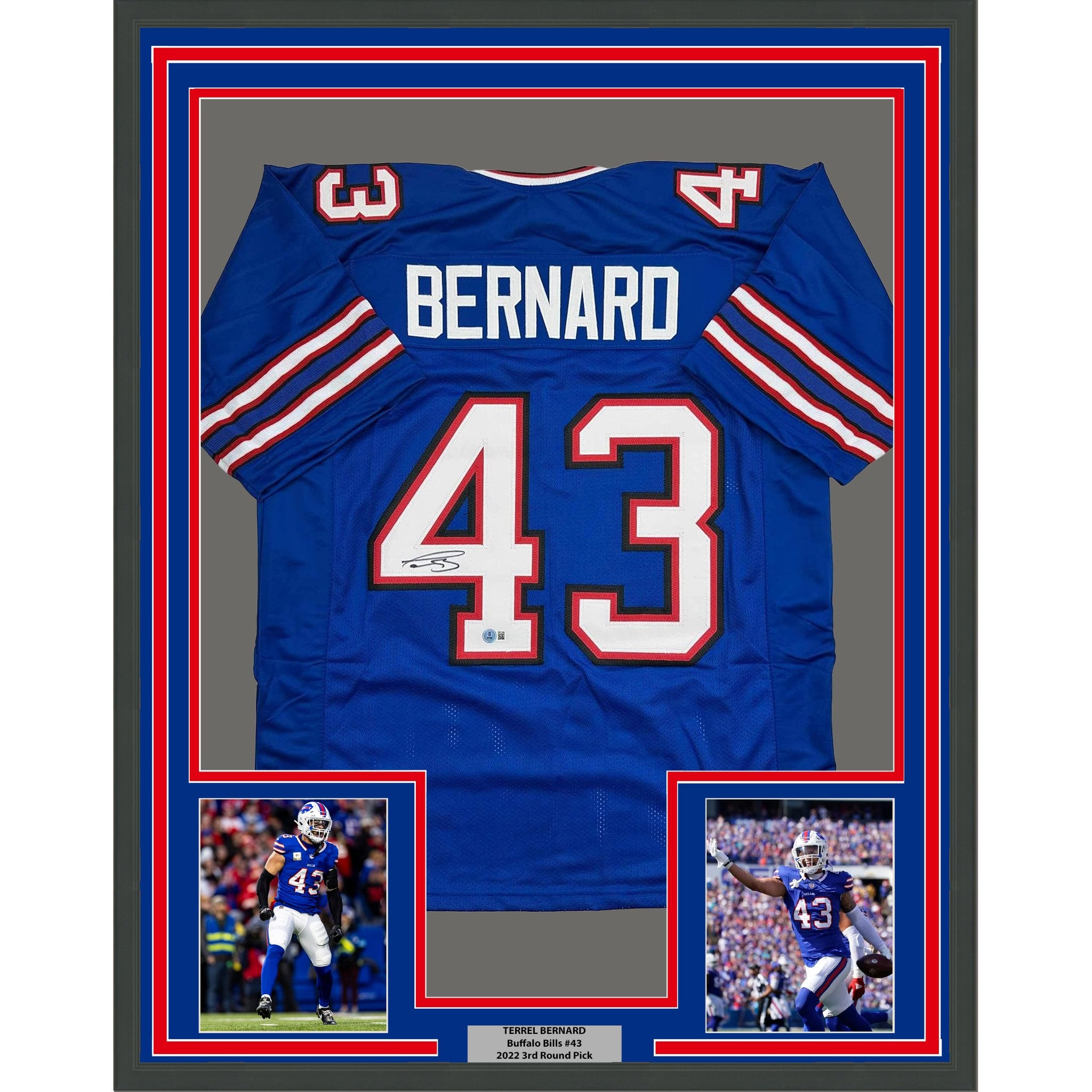 Framed Autographed/Signed Terrel Bernard 35x39 Buffalo Blue Football Jersey Beckett BAS COA