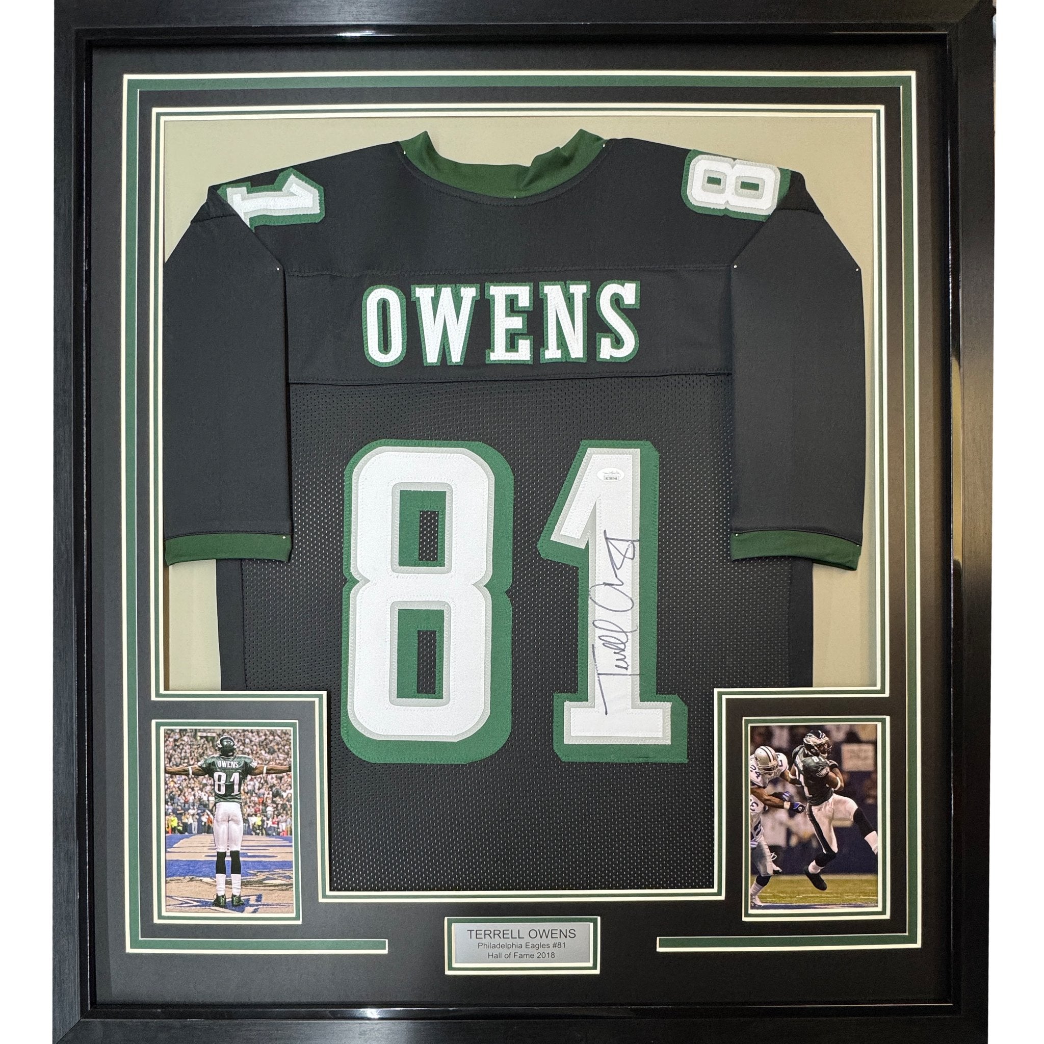 Framed Autographed/Signed Terrell Owens 35x39 Philadelphia Black Football Jersey JSA COA