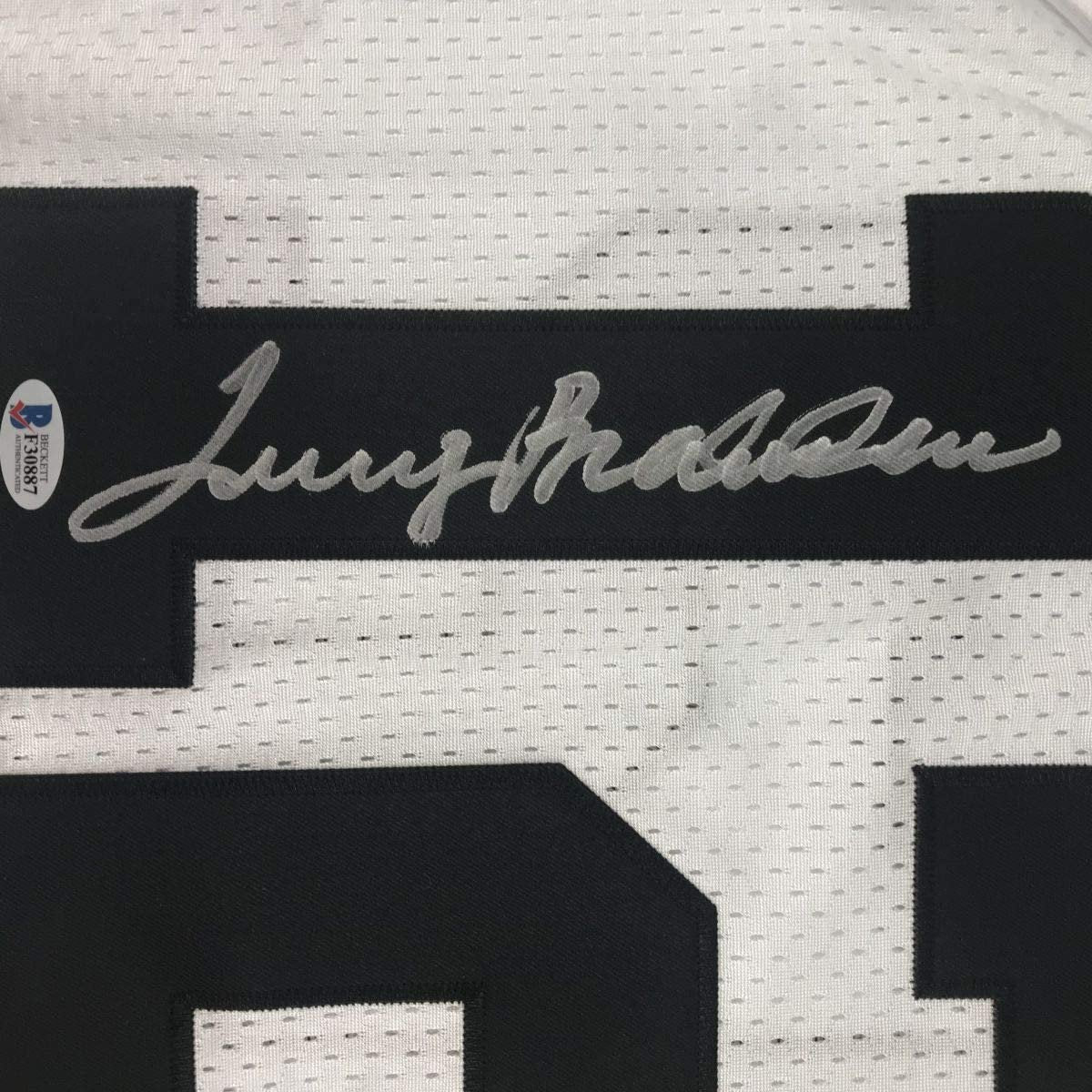 Framed Autographed/Signed Terry Bradshaw 35x39 Pittsburgh White Football Jersey Beckett BAS COA