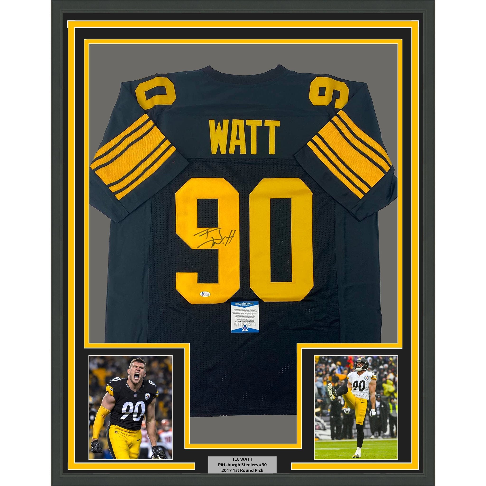 Framed Autographed/Signed TJ T.J. Watt 35x39 Pittsburgh Color Rush Football Jersey Beckett BAS COA
