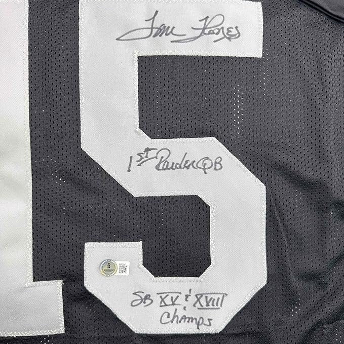 Framed Autographed/Signed Tom Flores 35x39 Las Vegas Oakland Black Football Jersey Beckett BAS COA