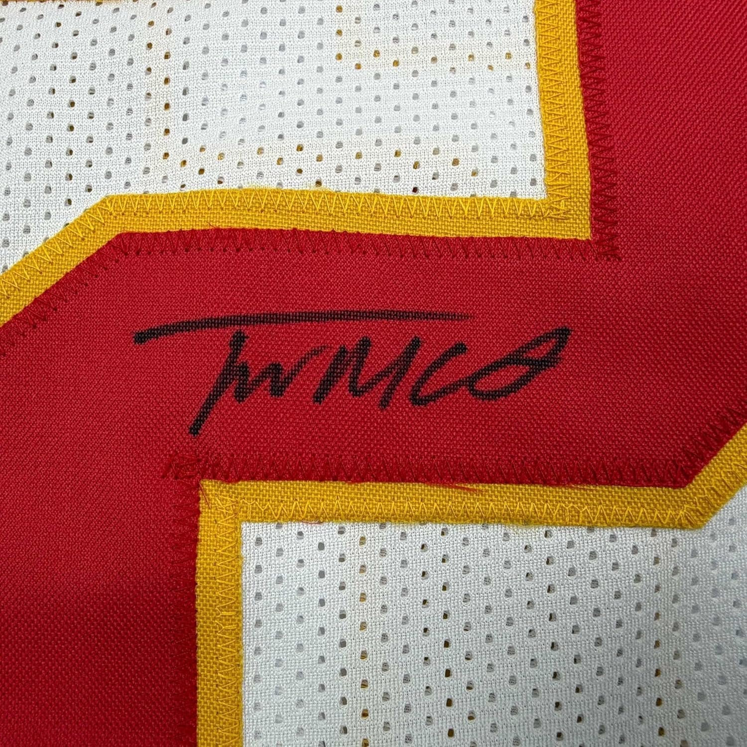 Framed Autographed/Signed Trent McDuffie 35x39 Kansas City White Football Jersey JSA COA