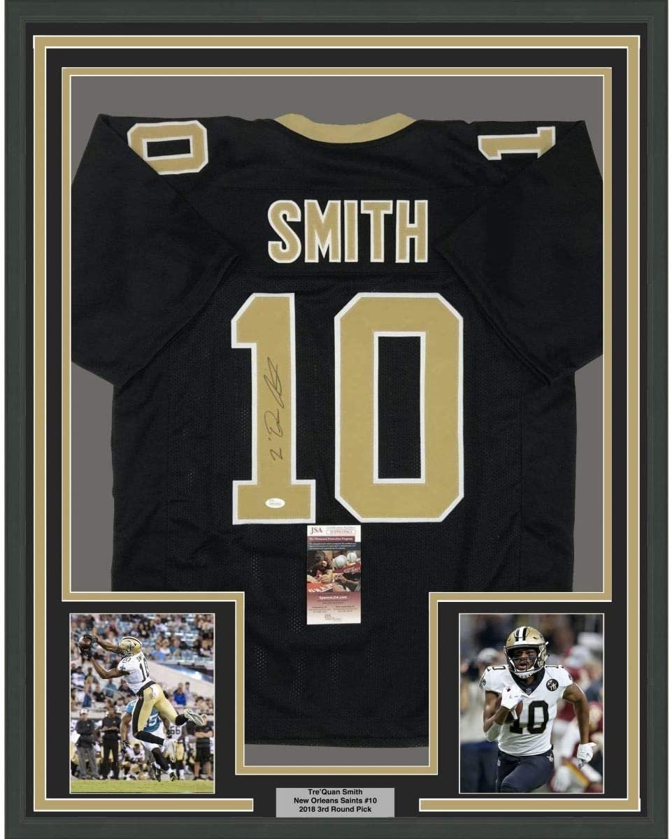 Framed Autographed/Signed Tre'Quan Smith 35x39 New Orleans Black Football Jersey JSA COA