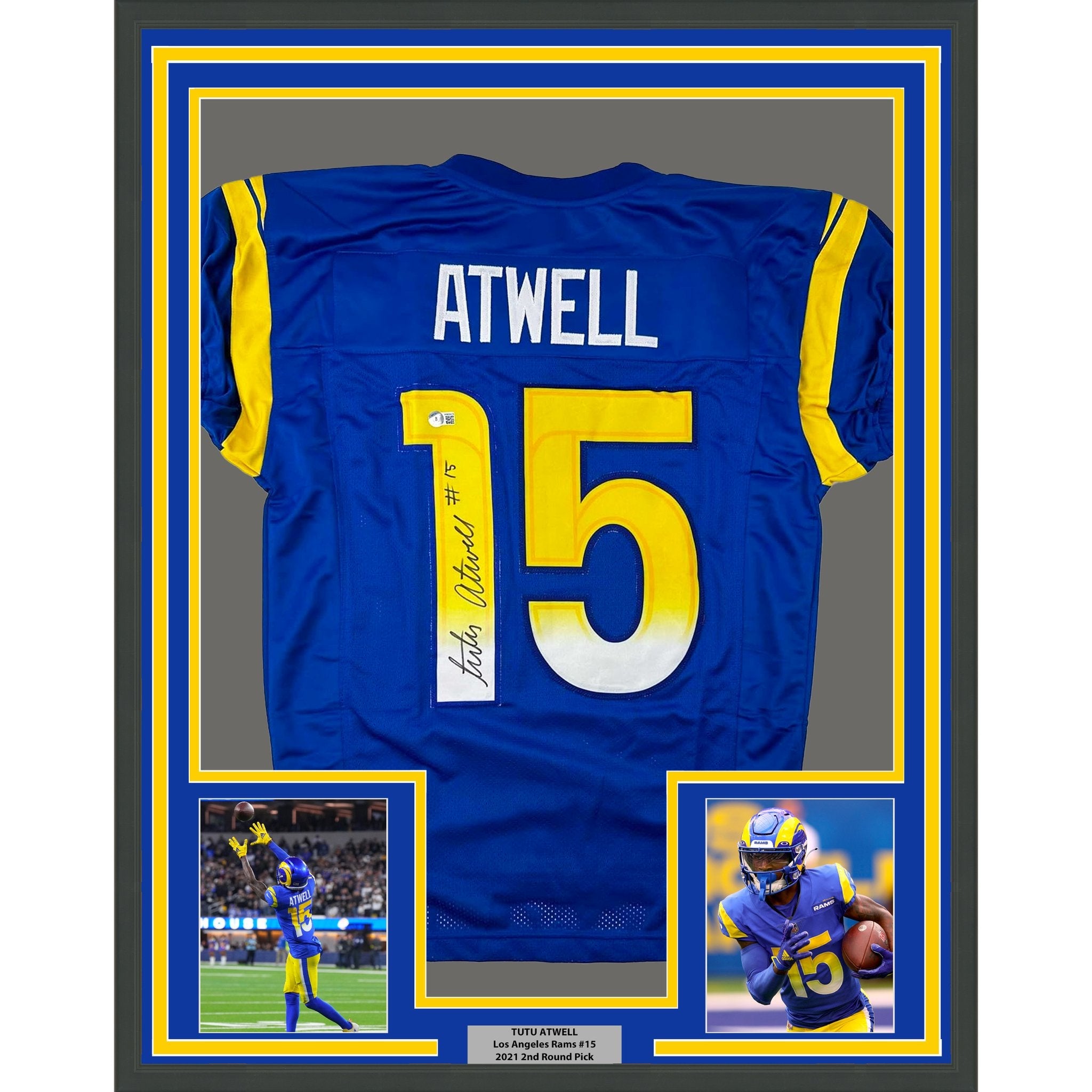 Framed Autographed/Signed Tutu Atwell 35x39 Los Angeles LA Blue Football Jersey Beckett BAS COA