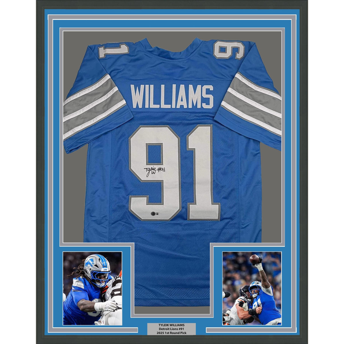 Framed Autographed/Signed Tyleik Williams 35x39 Detroit Blue Football Jersey Beckett BAS COA