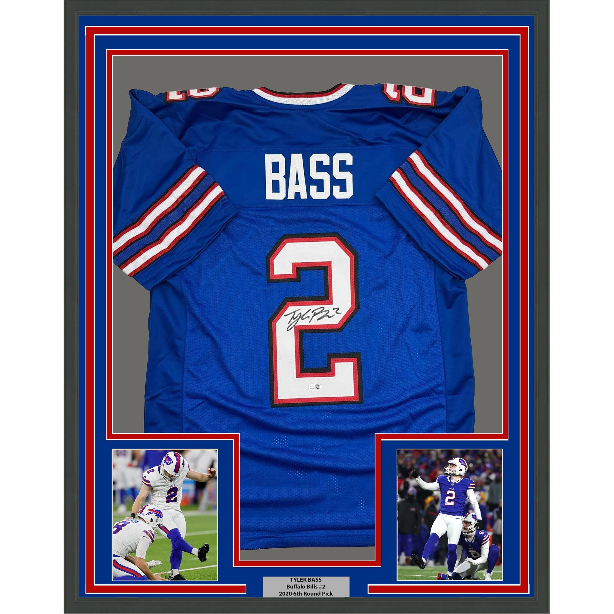 Framed Autographed/Signed Tyler Bass 35x39 Buffalo Blue Football Jersey JSA COA