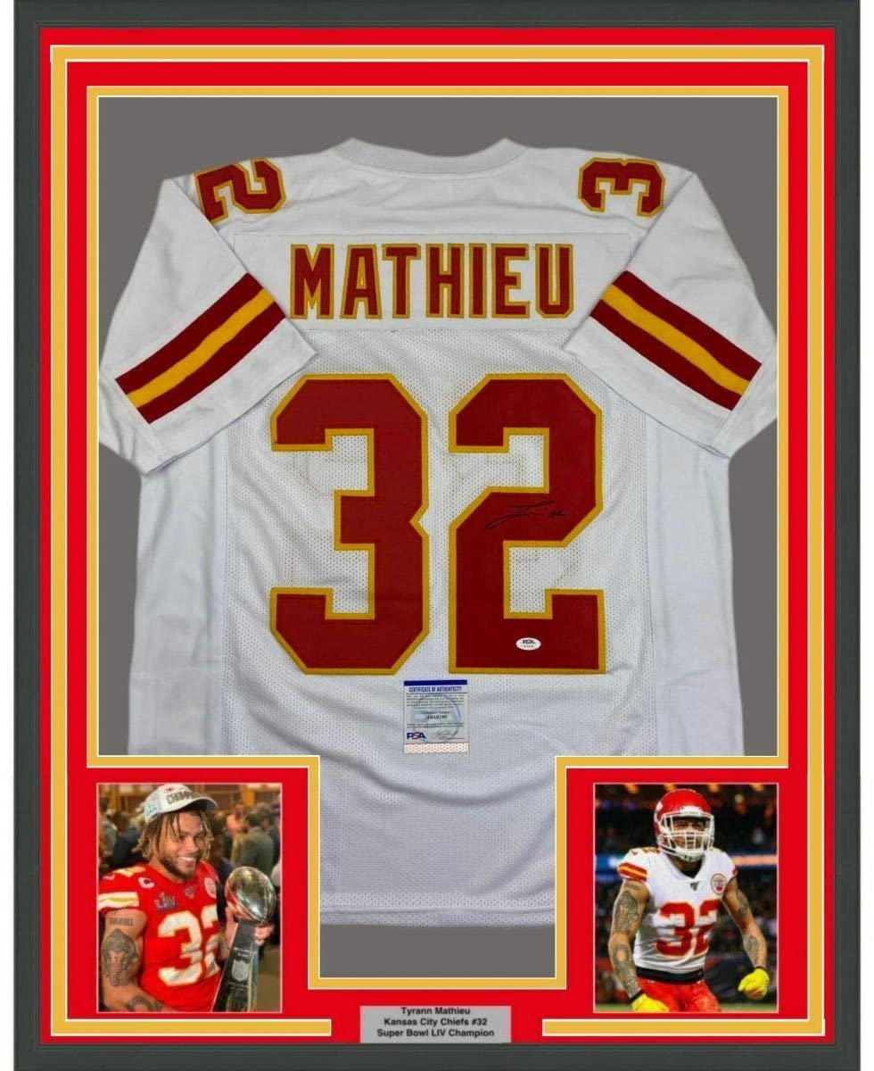 Framed Autographed/Signed Tyrann Mathieu 35x39 Kansas City White Football Jersey PSA/DNA COA