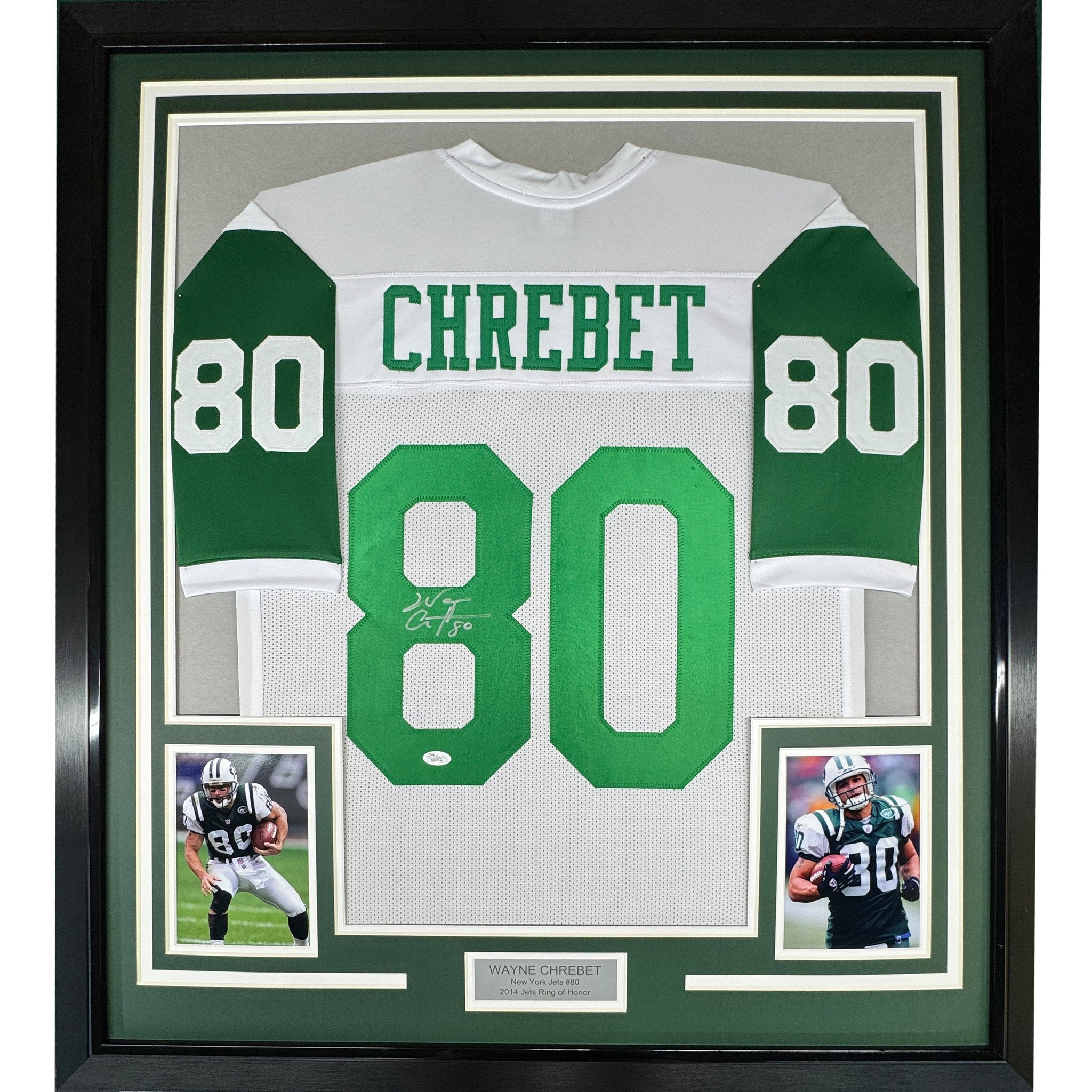 Framed Autographed/Signed Wayne Chrebet 35x39 New York White Football Jersey JSA COA