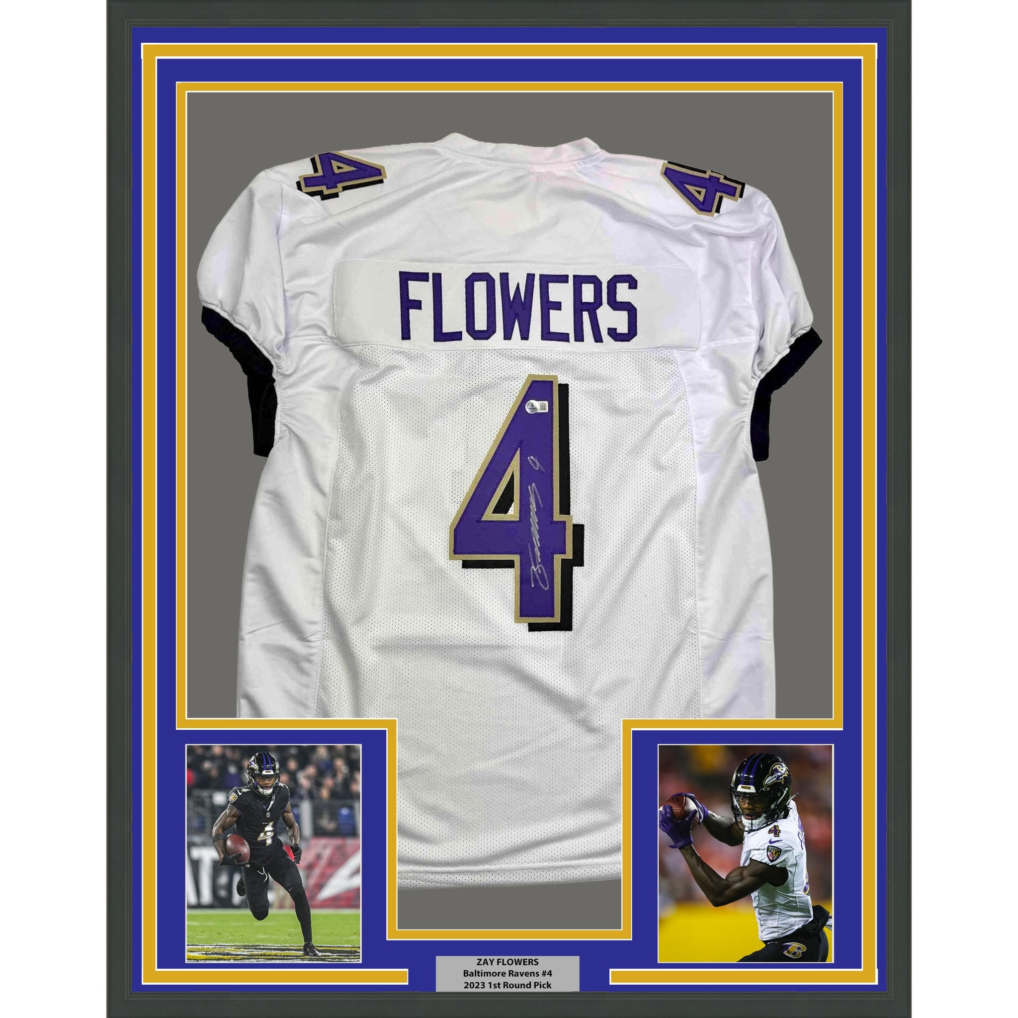 Framed Autographed/Signed Zay Flowers 35x39 Baltimore White Football Jersey Beckett BAS COA