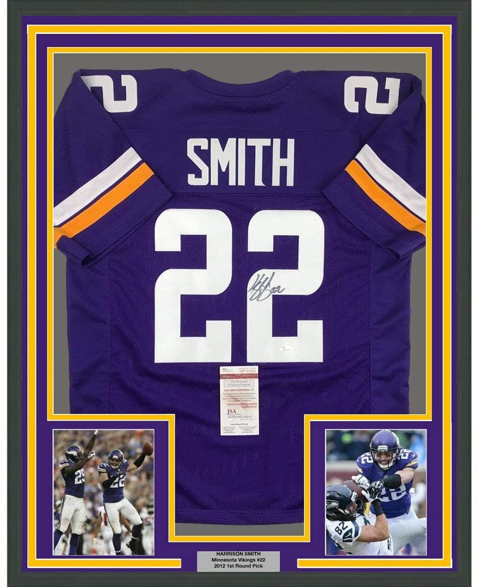 Framed Autographed/Signed Harrison Smith 35x39 Minnesota Purple Football Jersey JSA COA