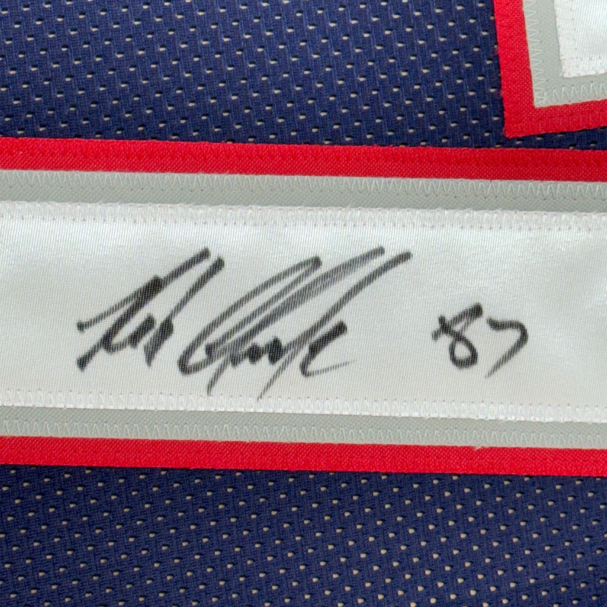Framed Autographed/Signed Rob Gronkowski 35x39 New England Blue Football Jersey Beckett BAS COA