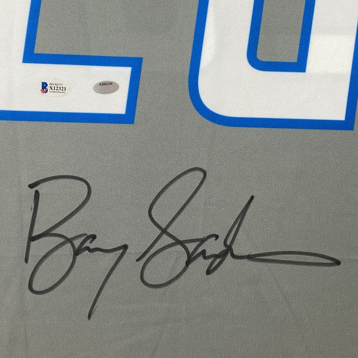 Autographed/Signed Barry Sanders Detroit Lions Grey Football Jersey Beckett BAS COA