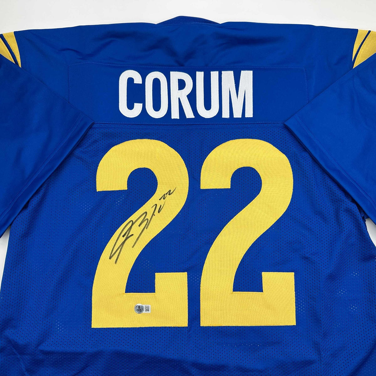 Autographed/Signed Blake Corum Los Angeles LA Blue Football Jersey Beckett BAS COA