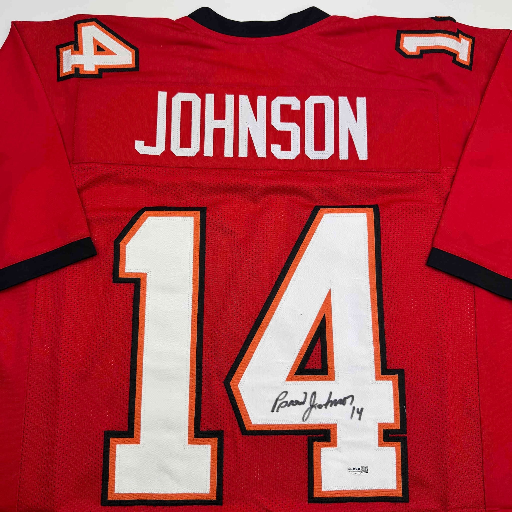 Autographed/Signed Brad Johnson Tampa Bay Red Football Jersey Beckett BAS COA