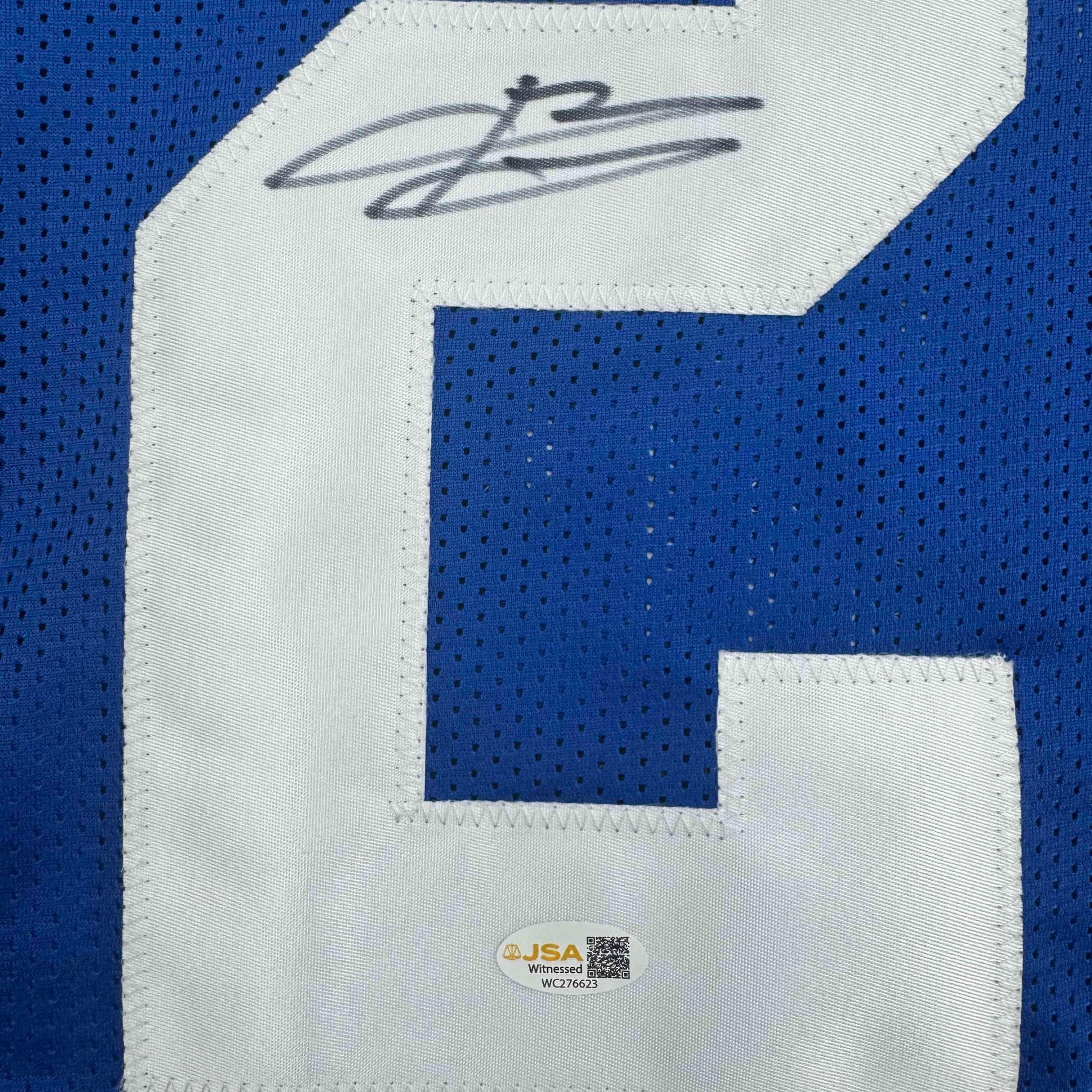 Autographed/Signed Brandon Jacobs New York Blue Football Jersey Beckett BAS COA