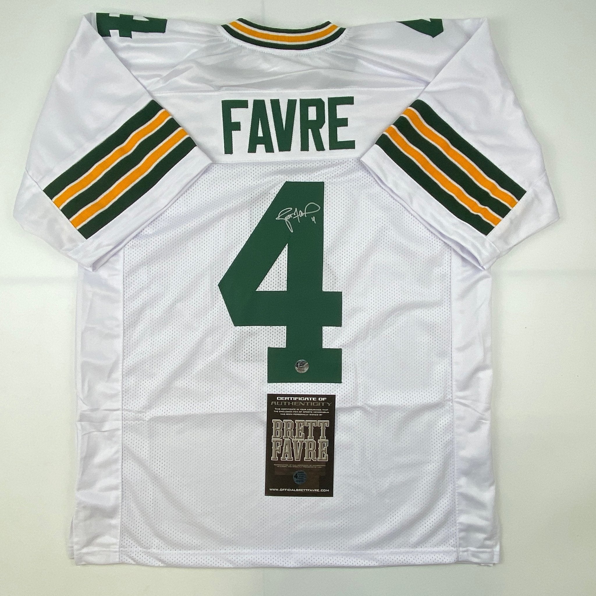 Autographed/Signed Brett Favre Green Bay White Football Jersey Favre Hologram COA