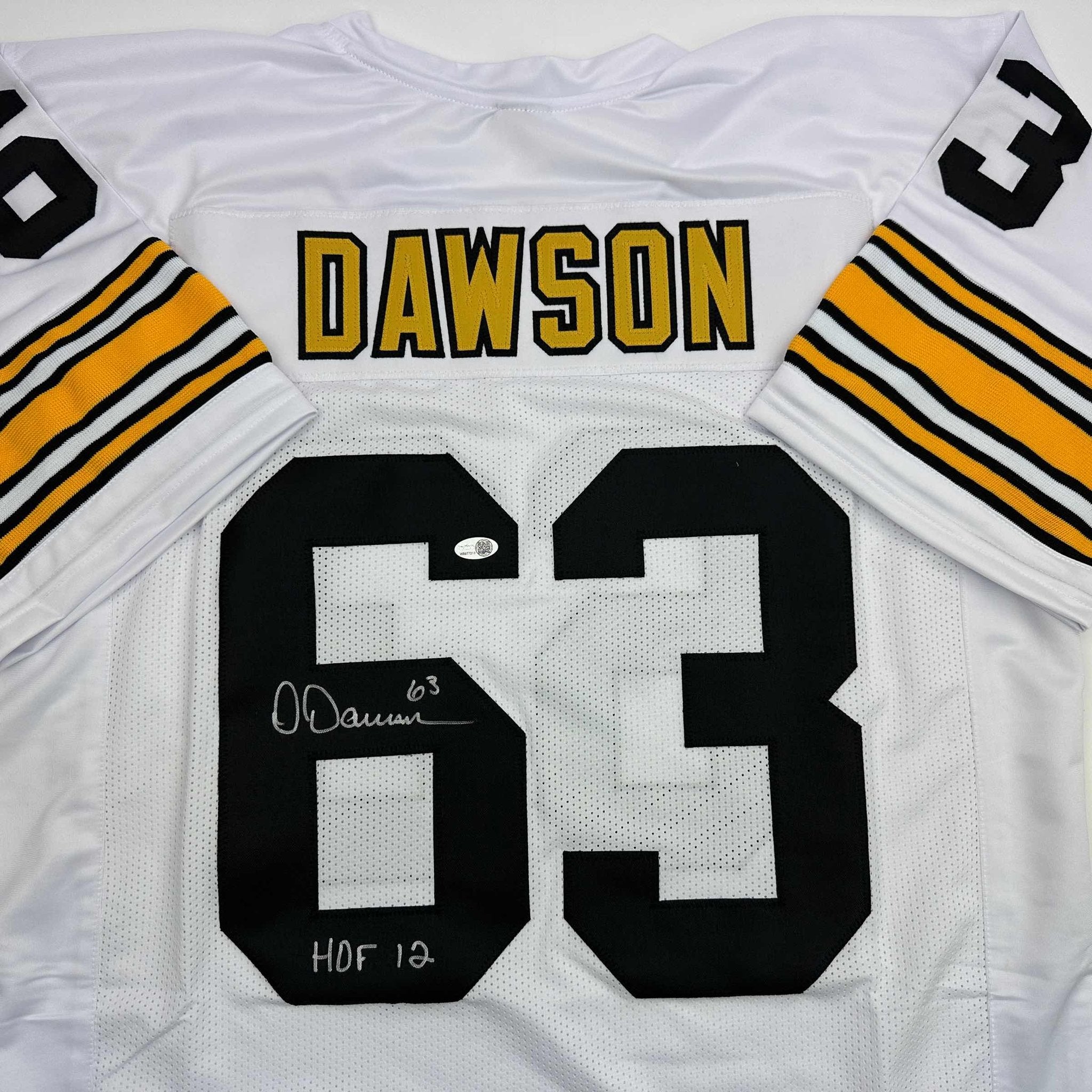 Autographed/Signed Dermontti Dawson HOF 12 Pittsburgh White Football Jersey JSA COA