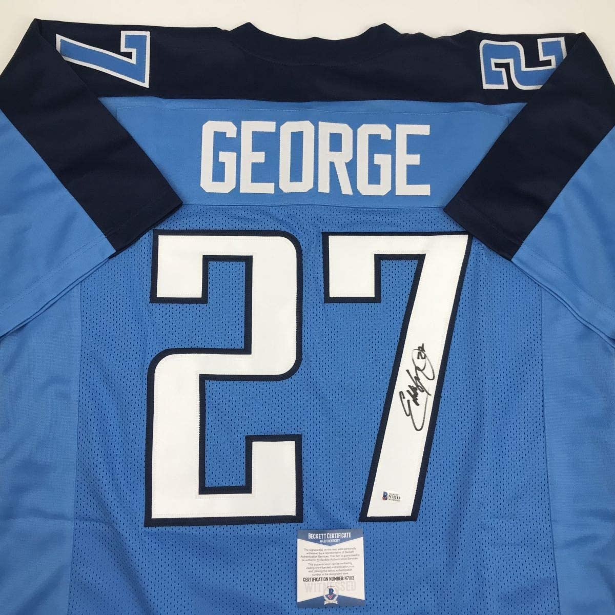 Autographed/Signed Eddie George Tennessee Powder Blue Football Jersey Beckett BAS COA