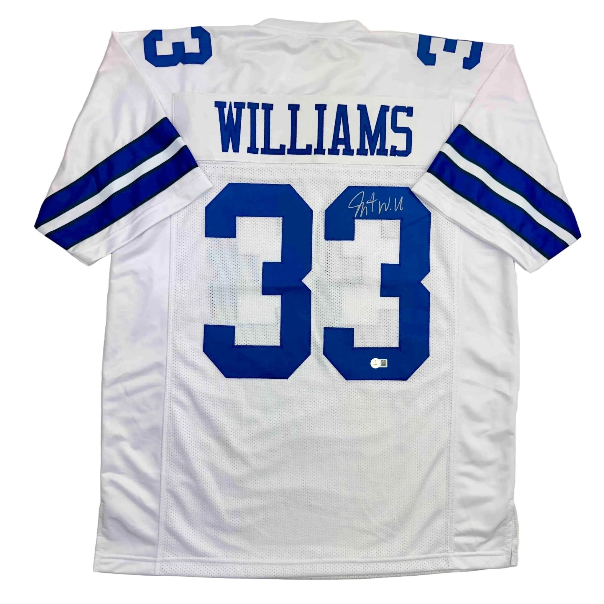 Autographed/Signed Javonte Williams Dallas White Football Jersey Beckett BAS COA