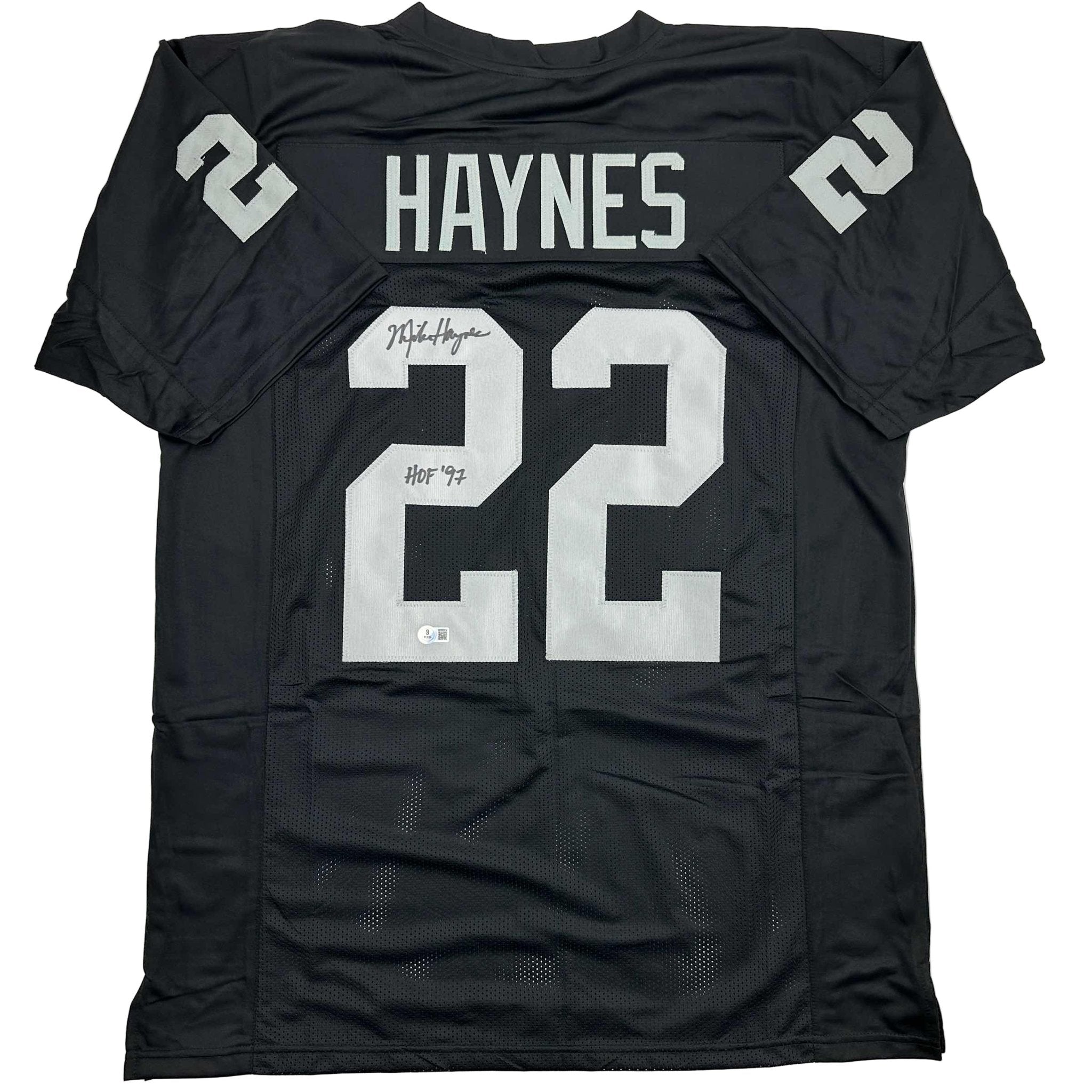 Autographed/Signed Michael Mike Haynes HOF 97 Oakland Black Football Jersey Beckett BAS COA