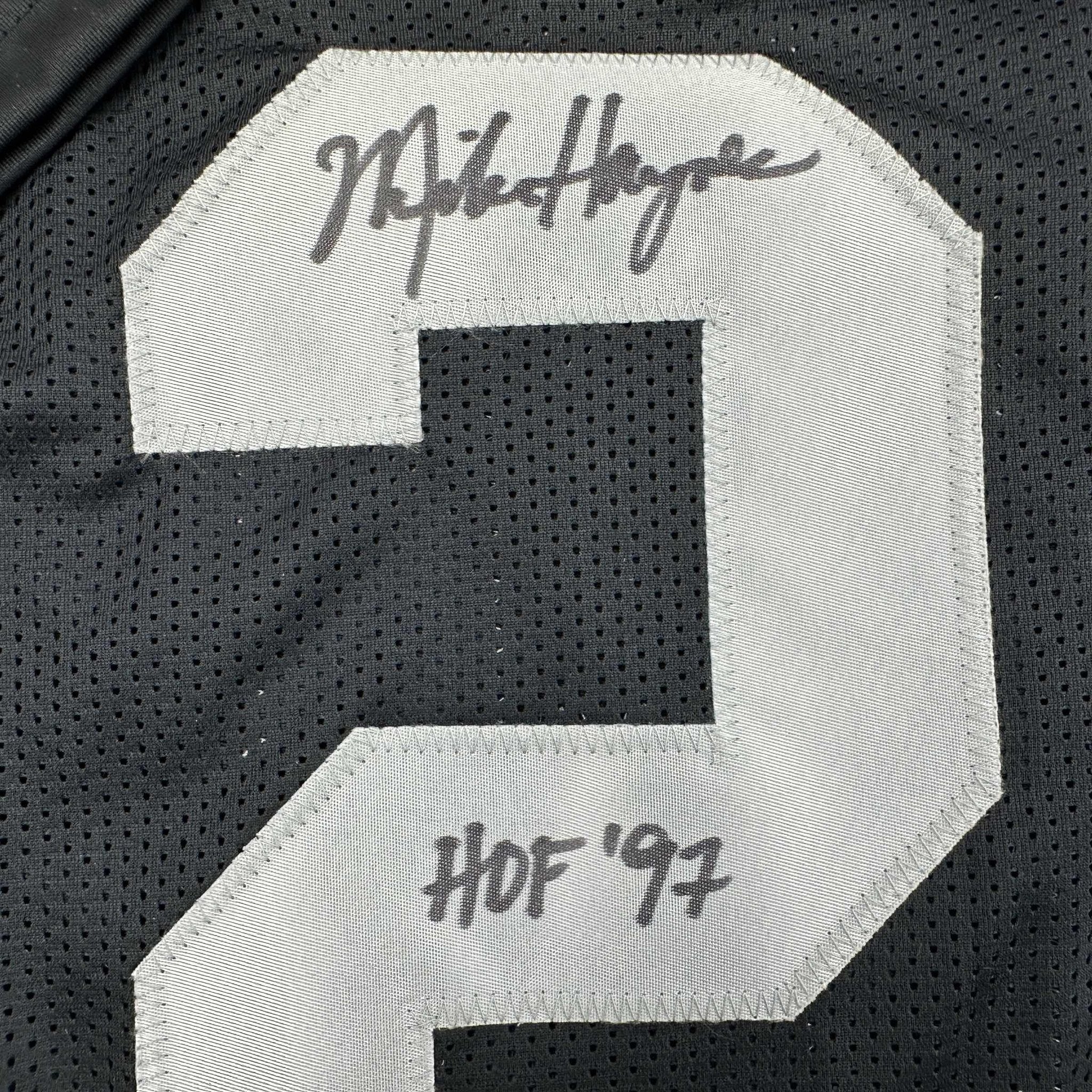 Autographed/Signed Michael Mike Haynes HOF 97 Oakland Black Football Jersey Beckett BAS COA