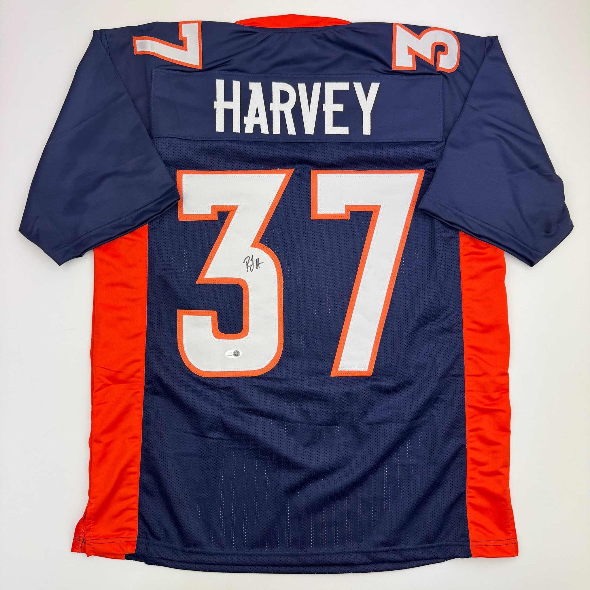 Autographed/Signed R.J RJ Harvey Denver Blue Football Jersey JSA COA