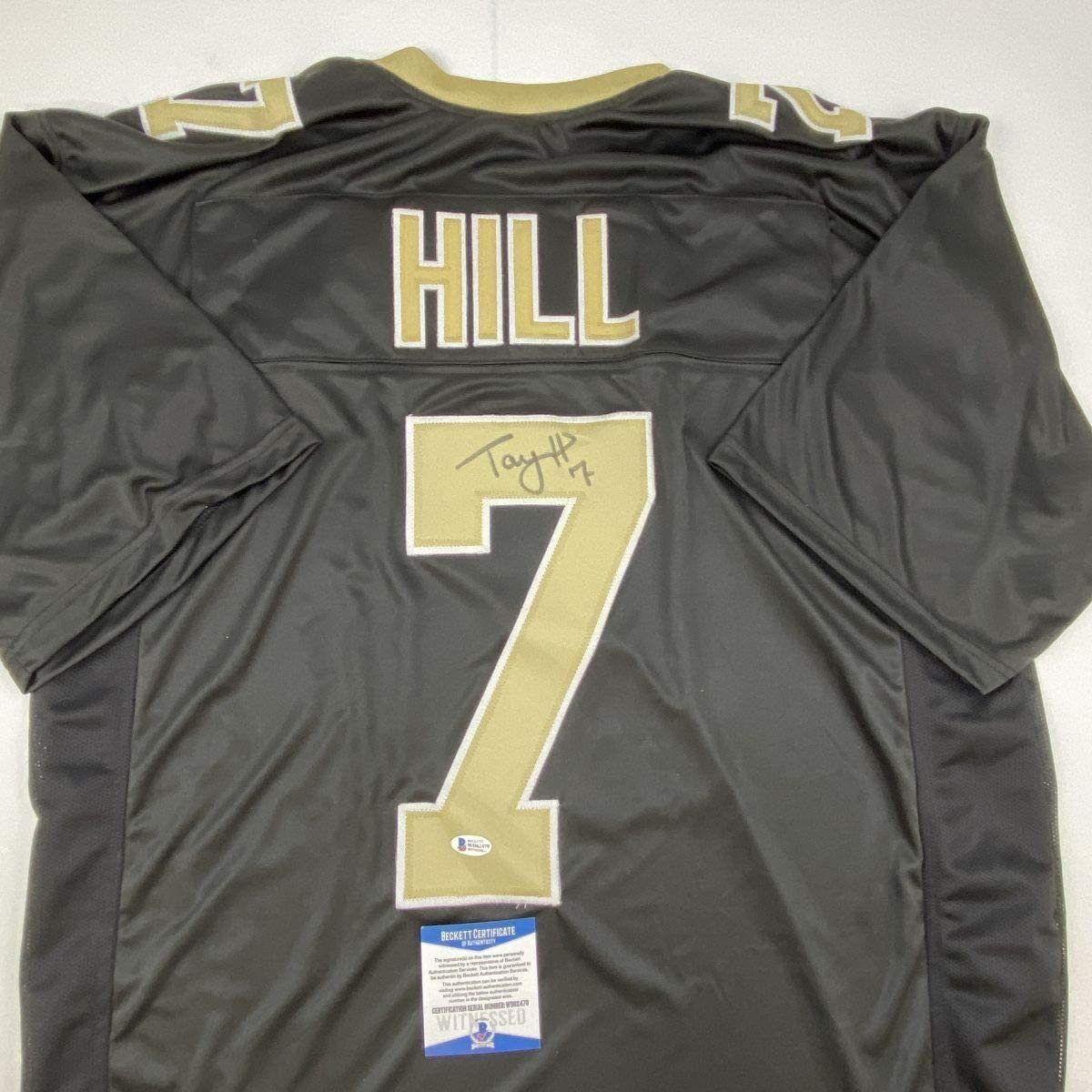 Autographed/Signed Taysom Hill New Orleans Black Football Jersey Beckett BAS COA