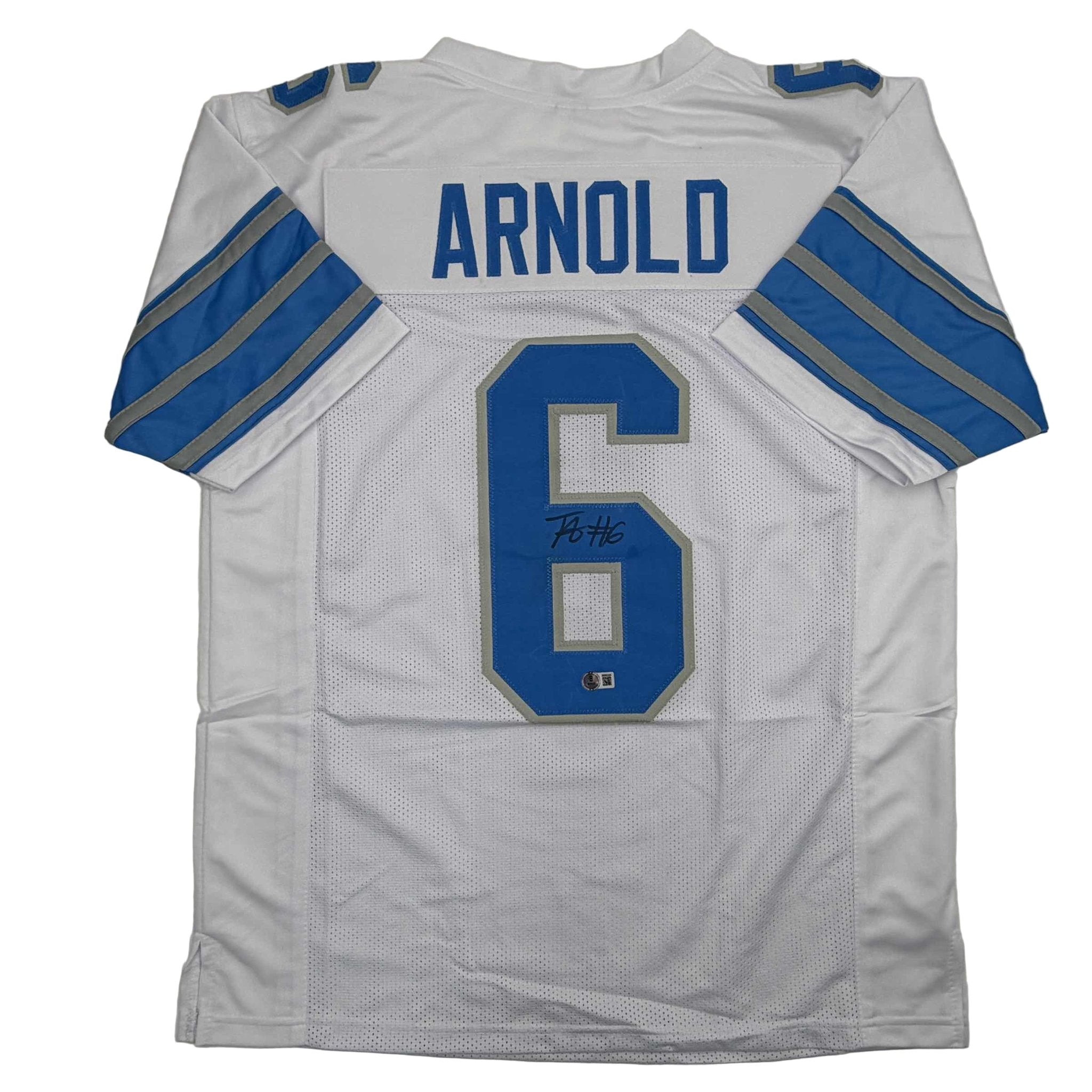 Autographed/Signed Terrion Arnold Detroit White Football Jersey Beckett BAS COA