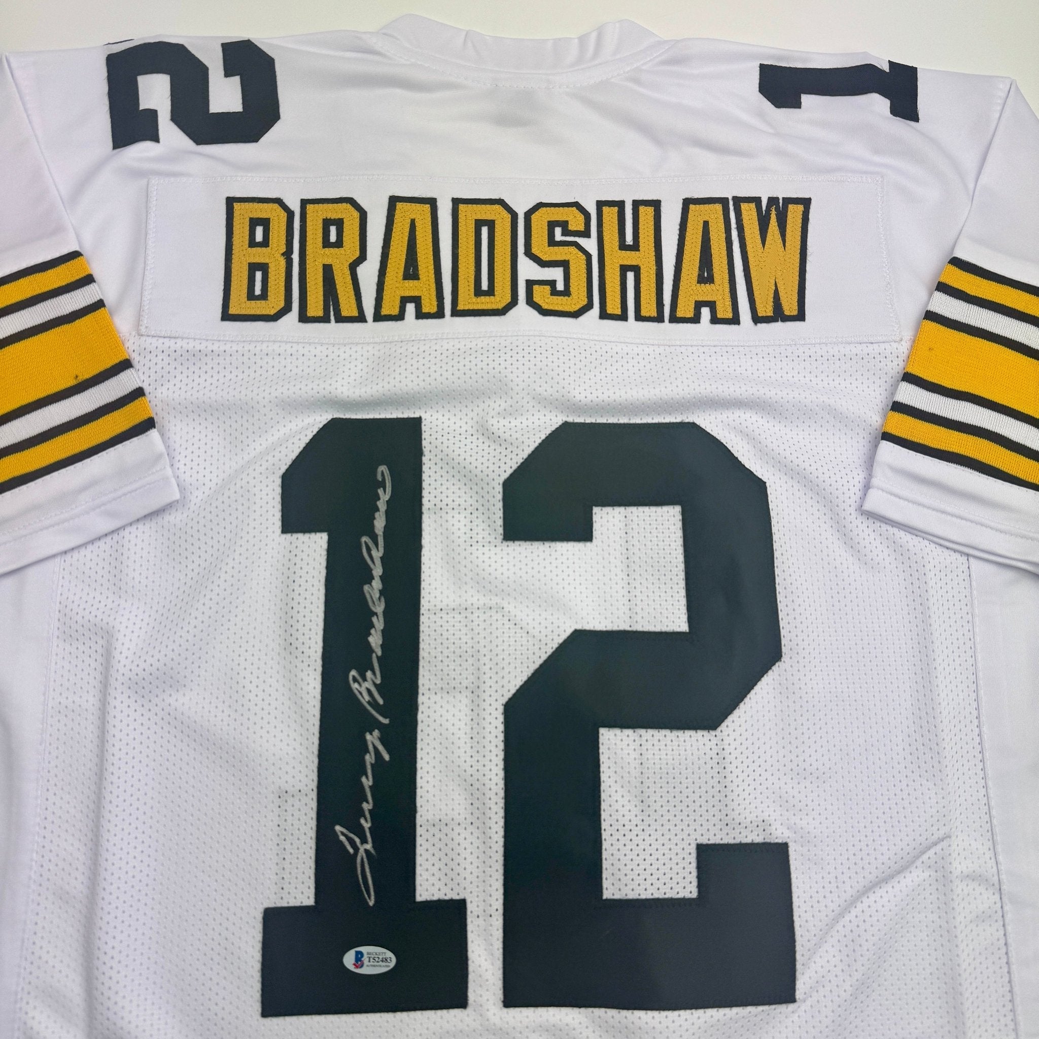 Autographed/Signed Terry Bradshaw Pittsburgh White Football Jersey Beckett BAS COA