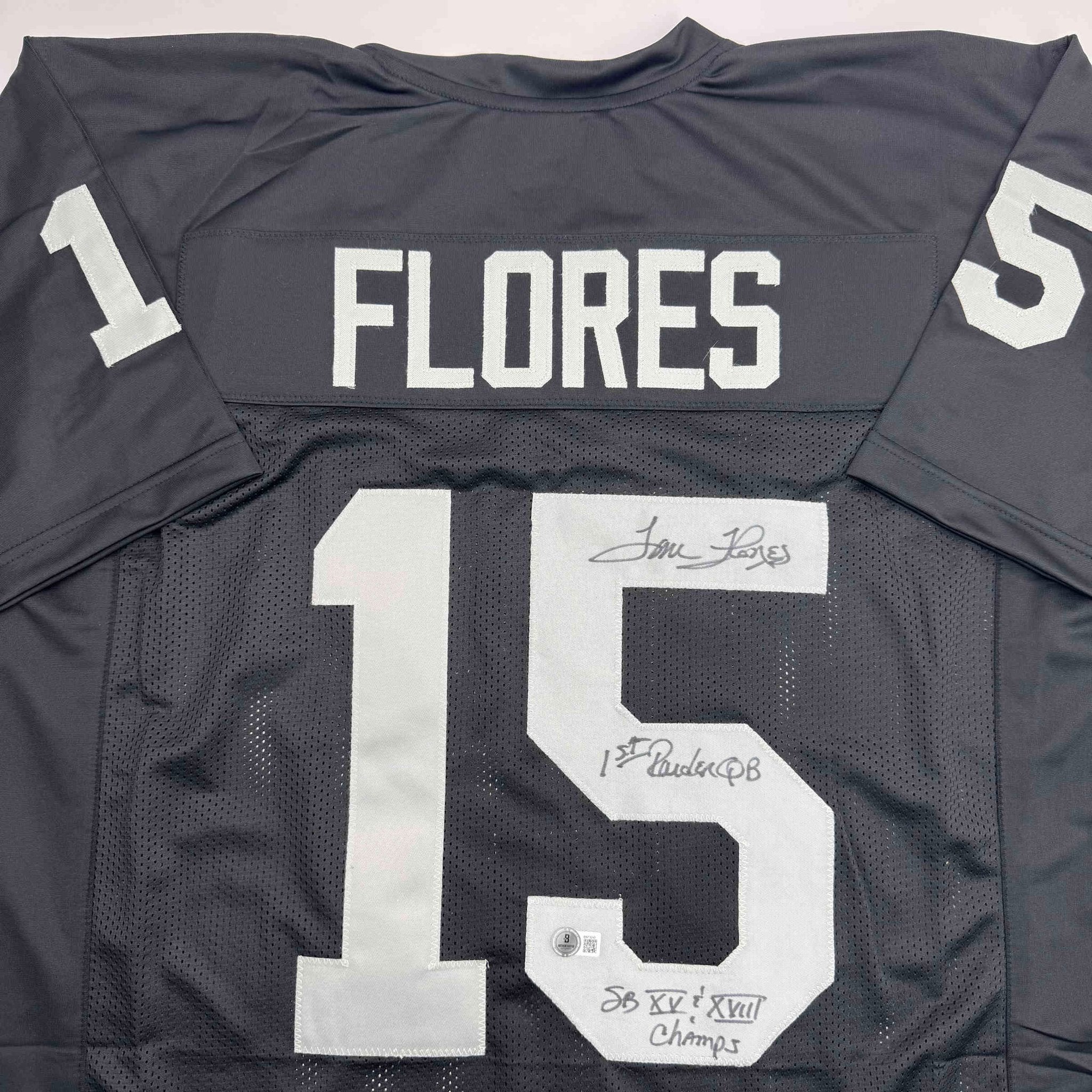 Autographed/Signed Tom Flores Las Vegas Oakland Black Football Jersey Beckett BAS COA