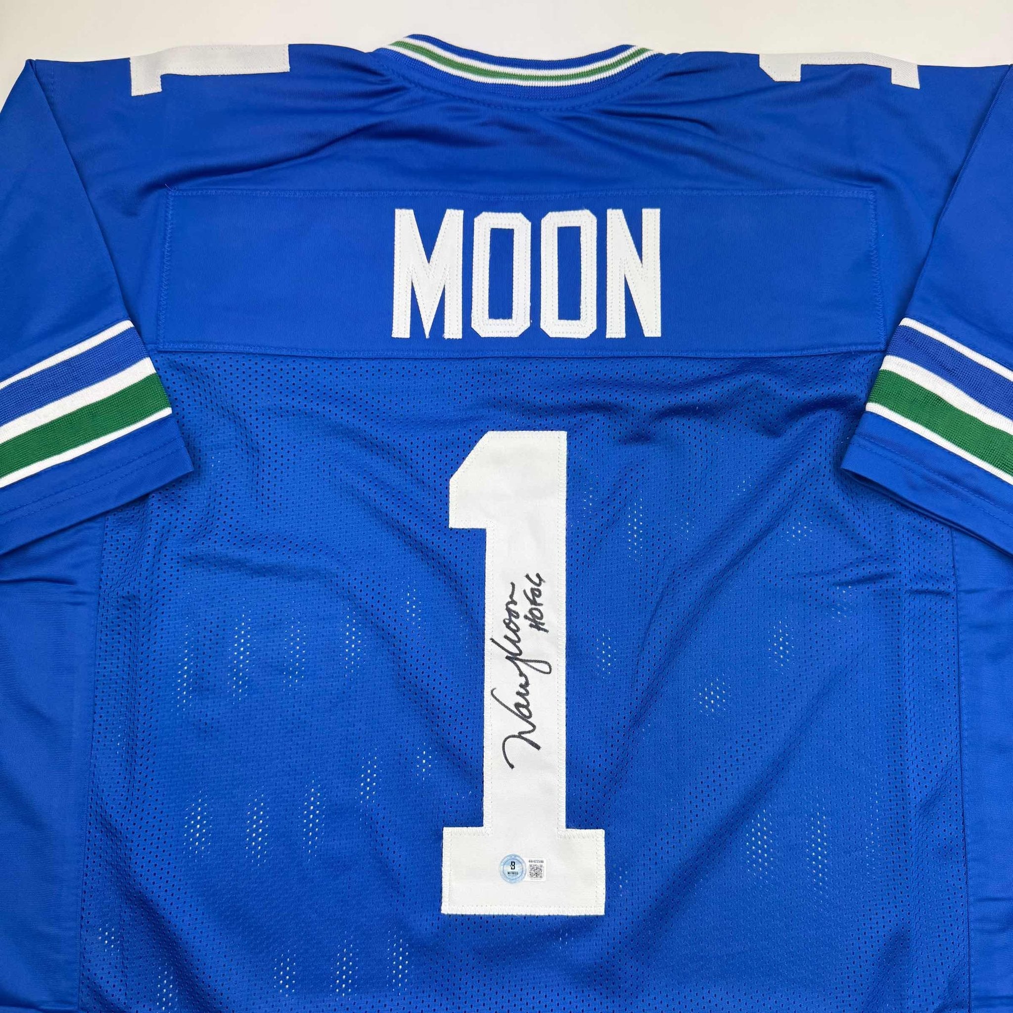 Autographed/Signed Warren Moon HOF 06 Seattle Blue Retro Football Jersey Beckett BAS COA