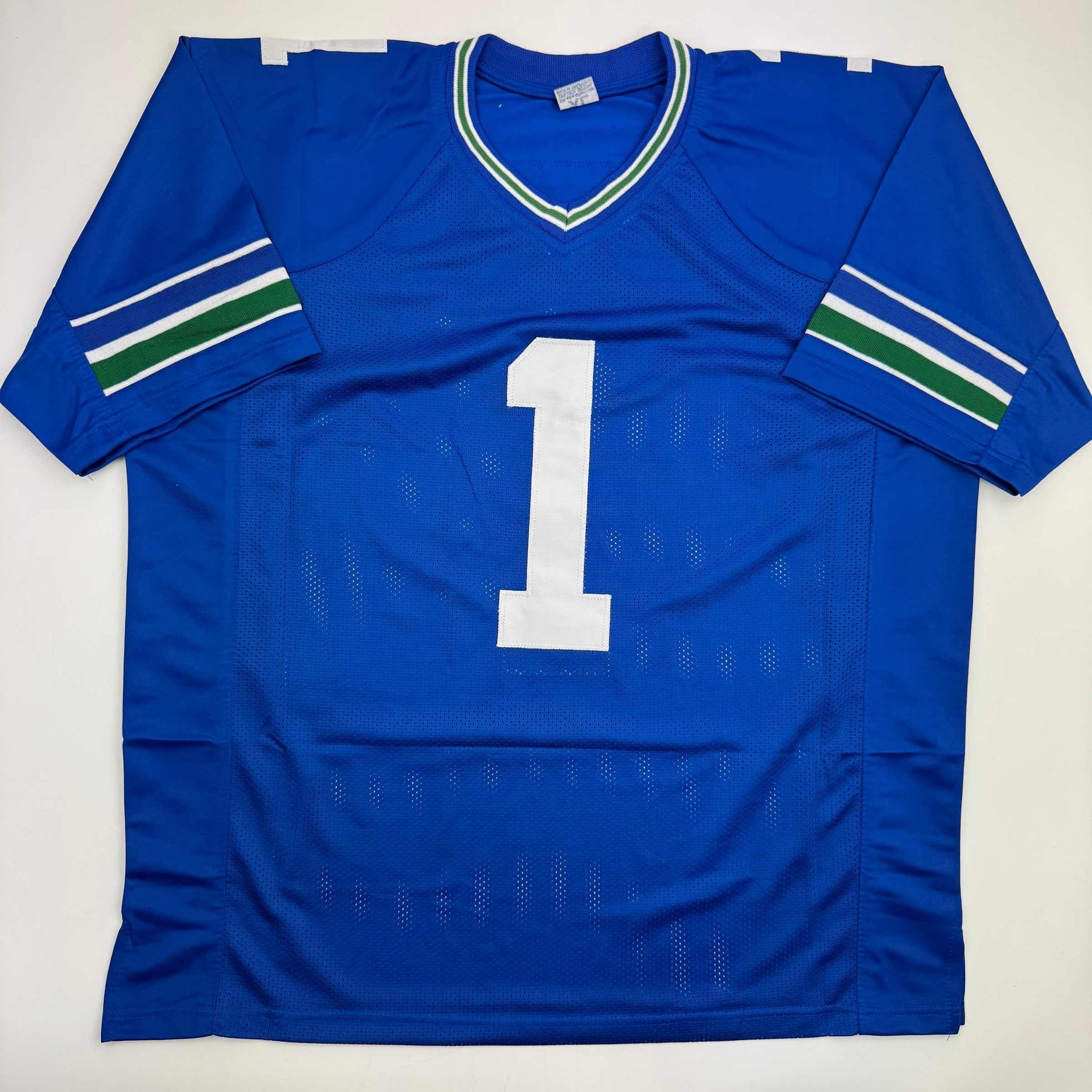 Autographed/Signed Warren Moon HOF 06 Seattle Blue Retro Football Jersey Beckett BAS COA