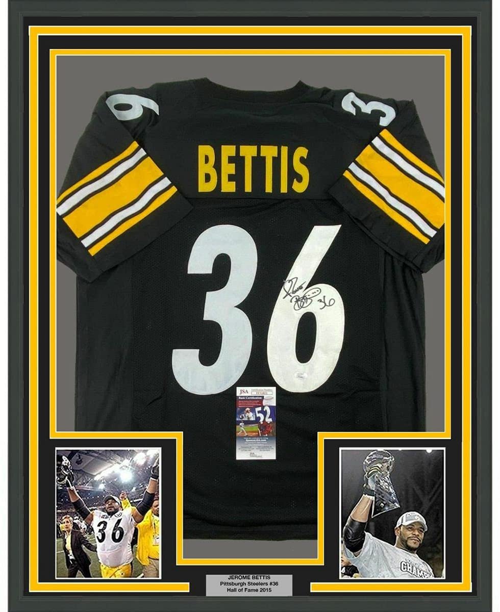 Framed Autographed/Signed Jerome Bettis 35x39 Pittsburgh Black Football Jersey JSA COA