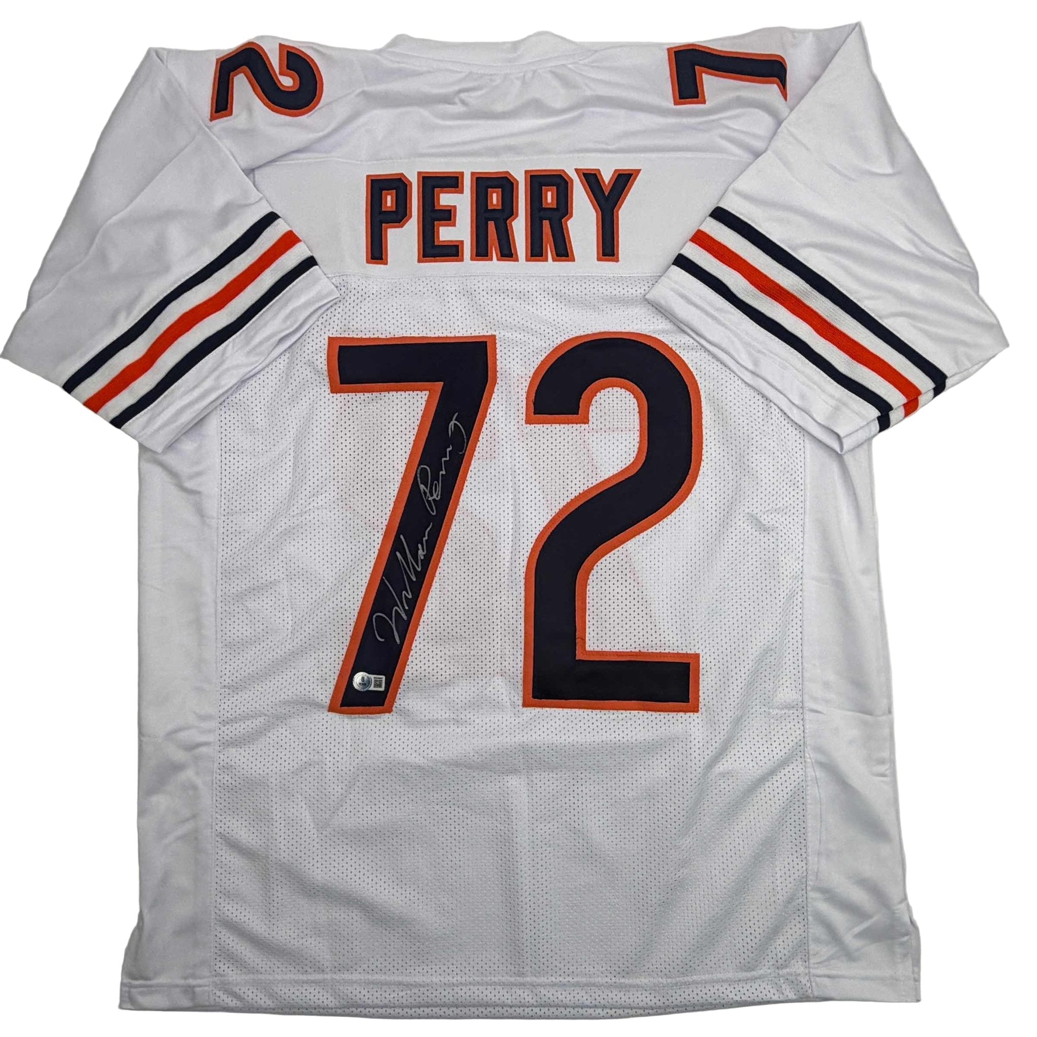 Autographed/Signed William Perry The Refrigerator Chicago White Football Jersey Beckett BAS COA